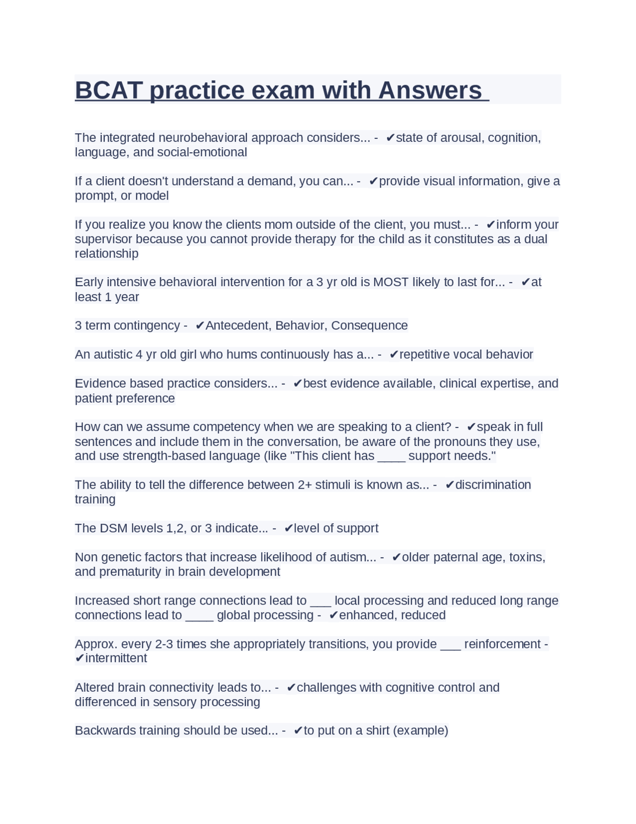 Bcat Assessment.pdf BCAT practice exam with Answers | Exams Nursing | Docsity