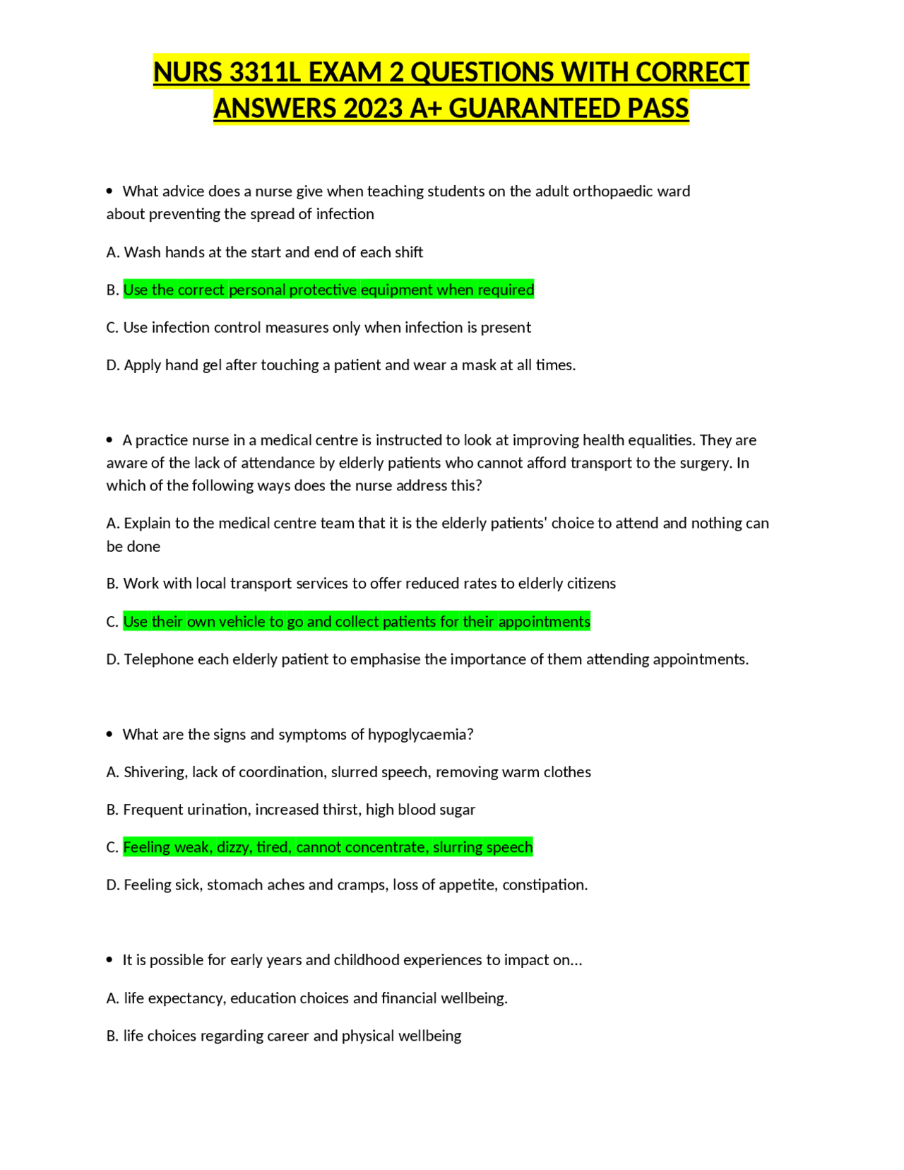 NURS 3311L EXAM 2 QUESTIONS WITH CORRECT ANSWERS 2023 A+ GUARANTEED ...