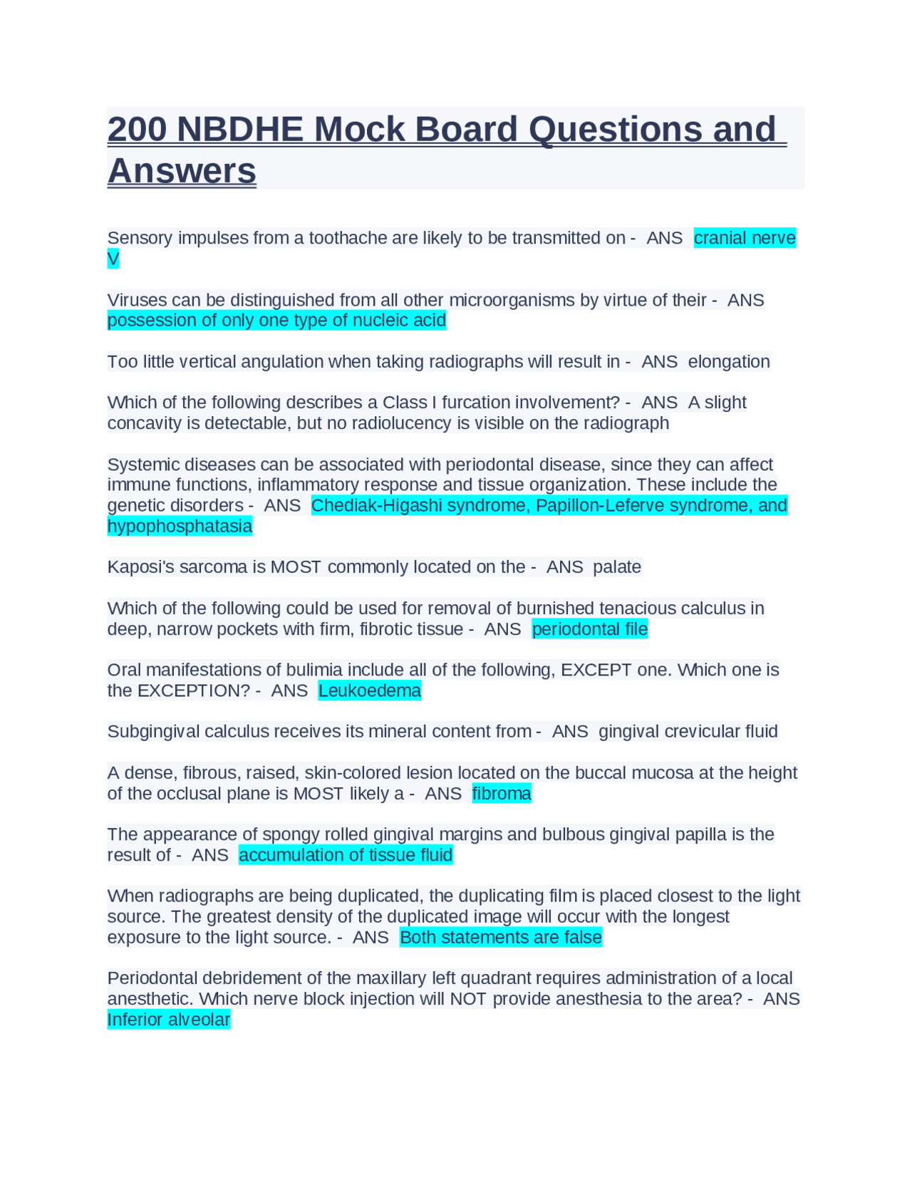 200 NBDHE Mock Board Questions and Answers Exams Dental Radiology Docsity