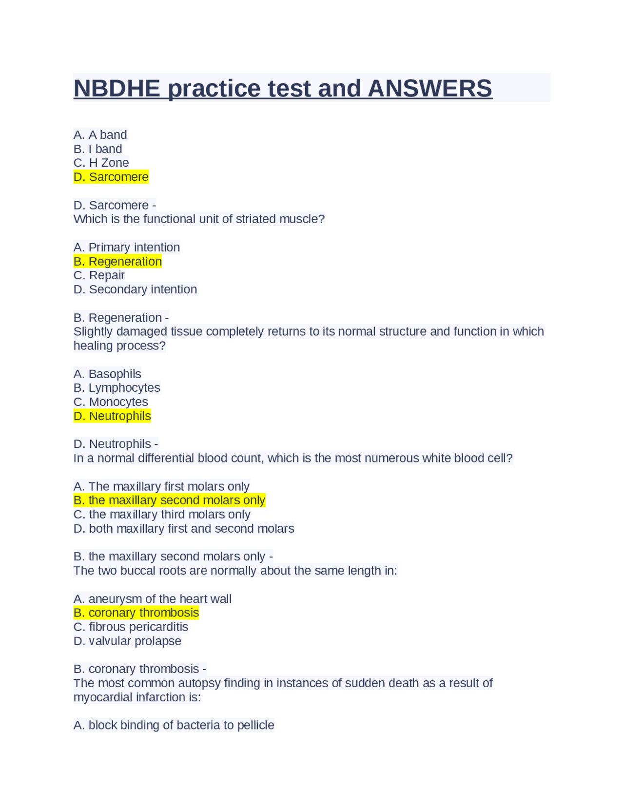NBDHE practice test and ANSWERS | Exams Dentistry | Docsity
