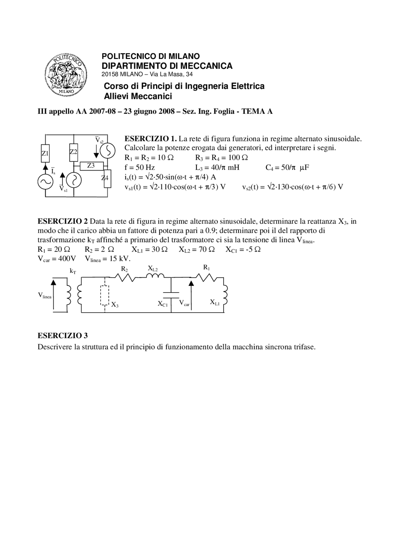 Prova di esame elettrotecnica | Prove d'esame di Elettrotecnica | Docsity