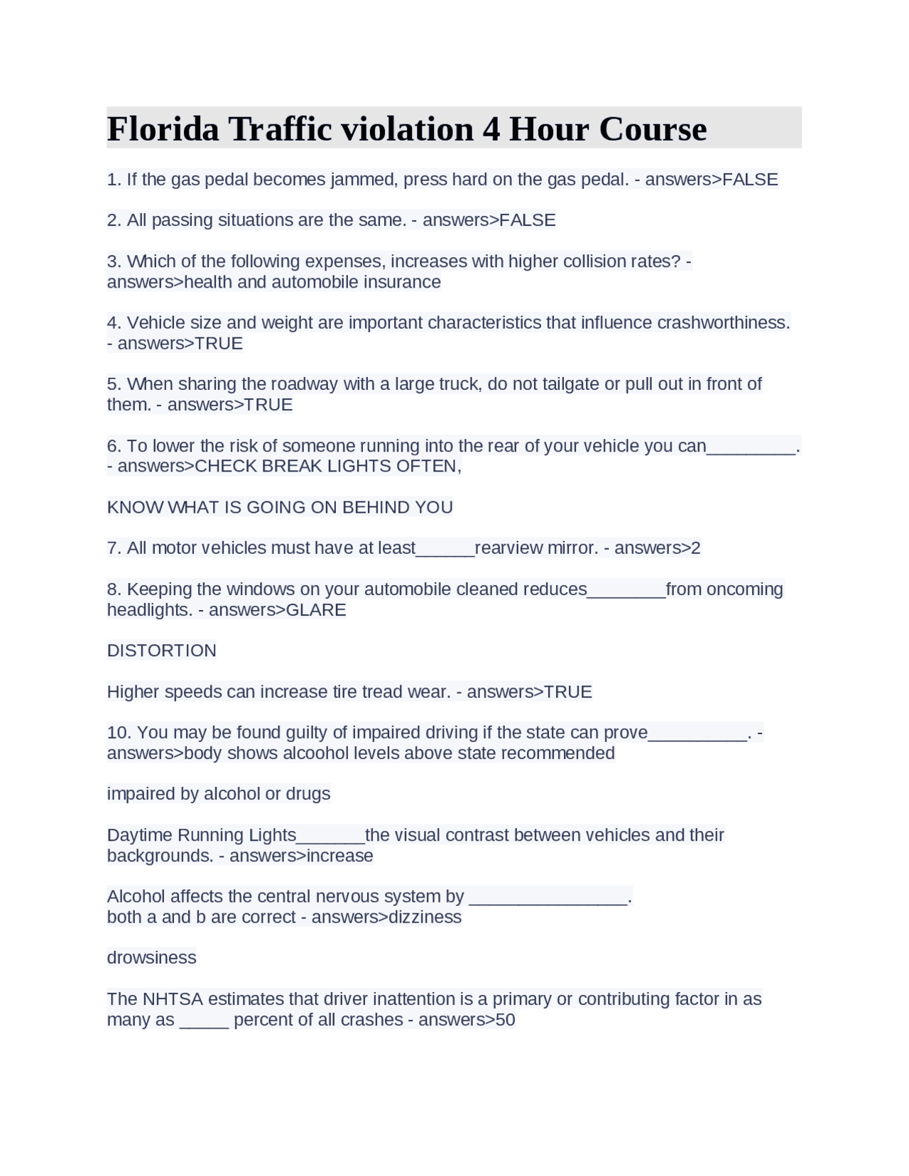 Florida Traffic violation 4 Hour Course Quizzes Insurance law Docsity