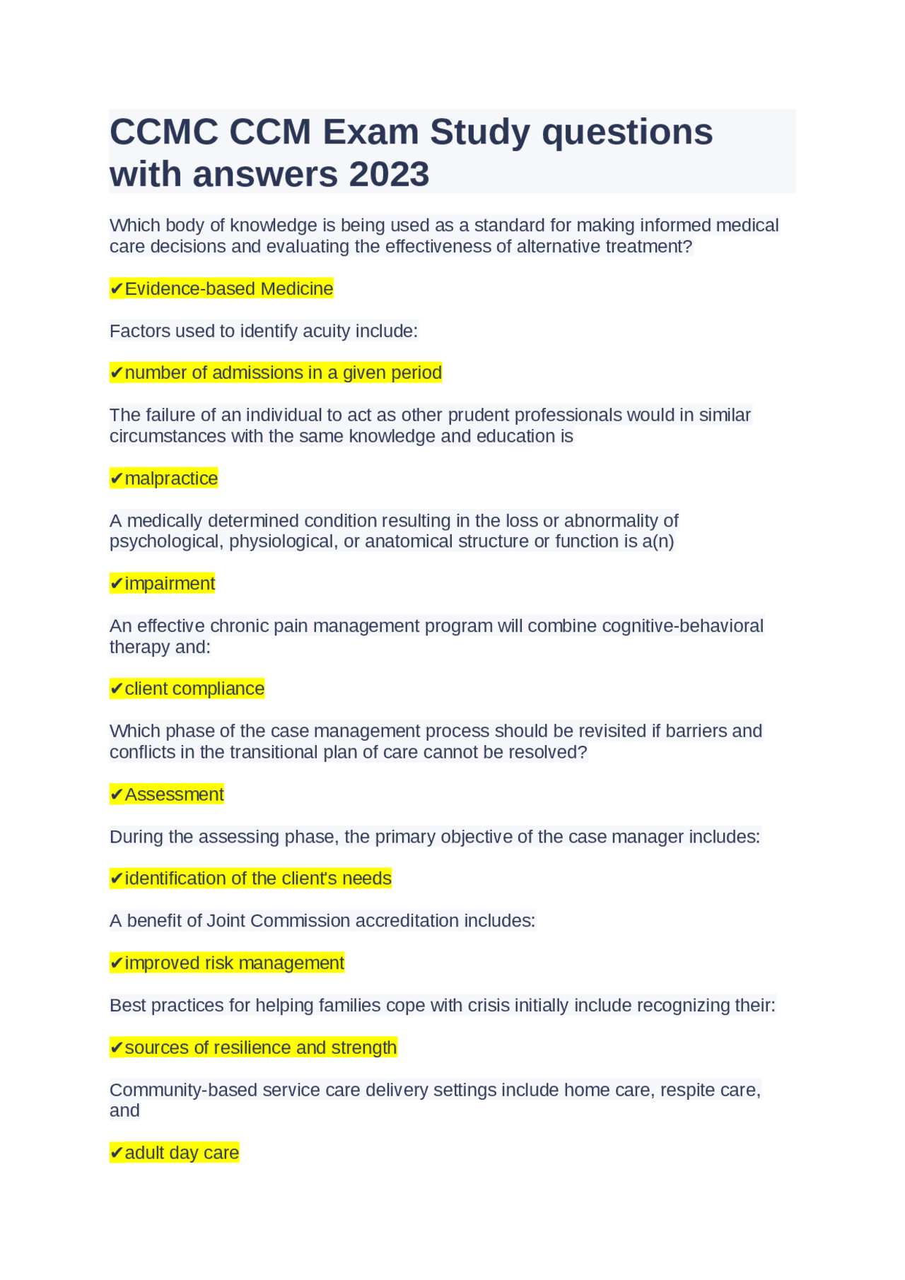 Ccmc Drop CCMC CCM Exam Study questions with answers 2023 | Exams Nursing | Docsity