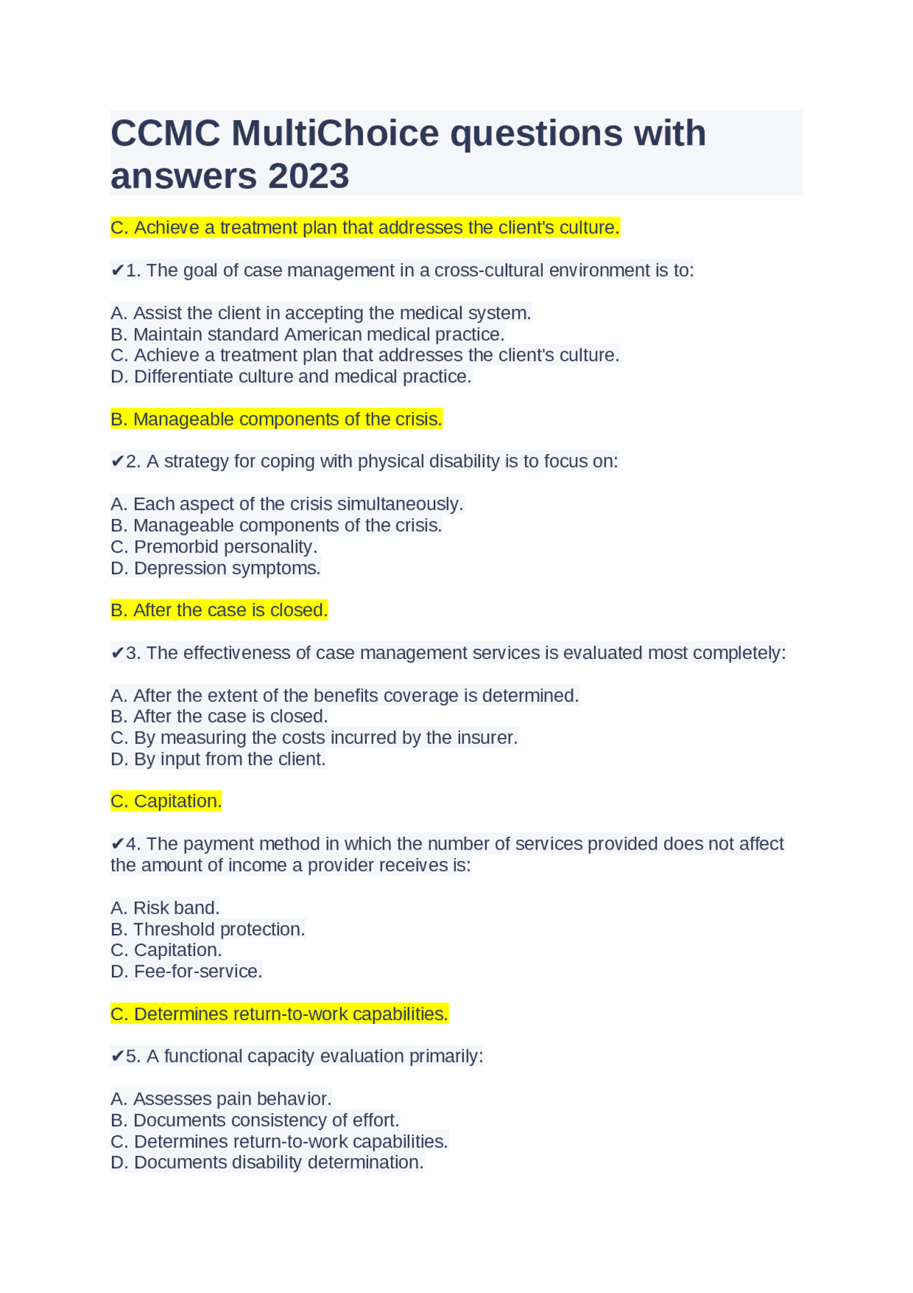 Multichoice Questions Examples CCMC MultiChoice questions with answers 2023 | Exams Nursing | Docsity