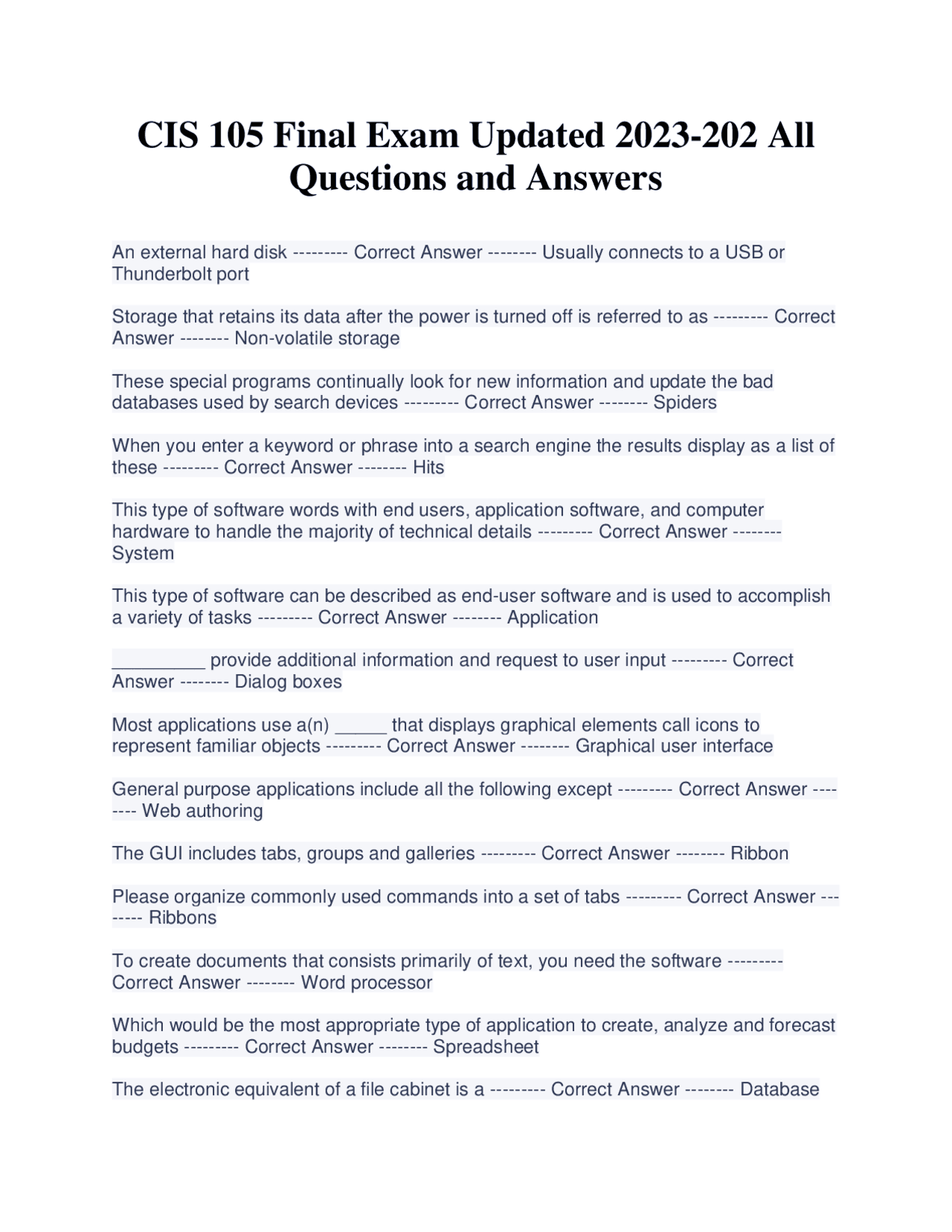 CIS 105 Final Exam Updated 2023-202 All Questions and Answers | Exams ...