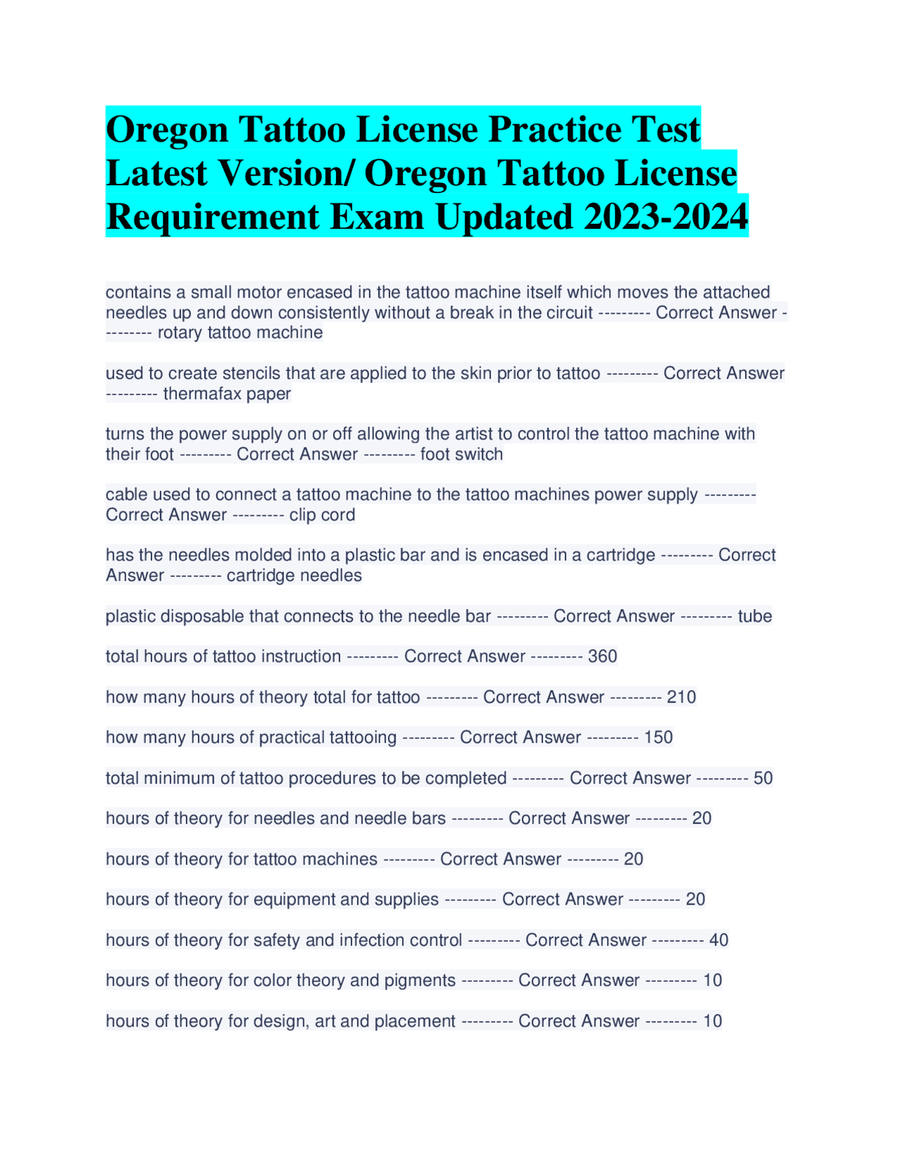 Oregon Tattoo License Practice Test Latest Version/ Oregon Tattoo