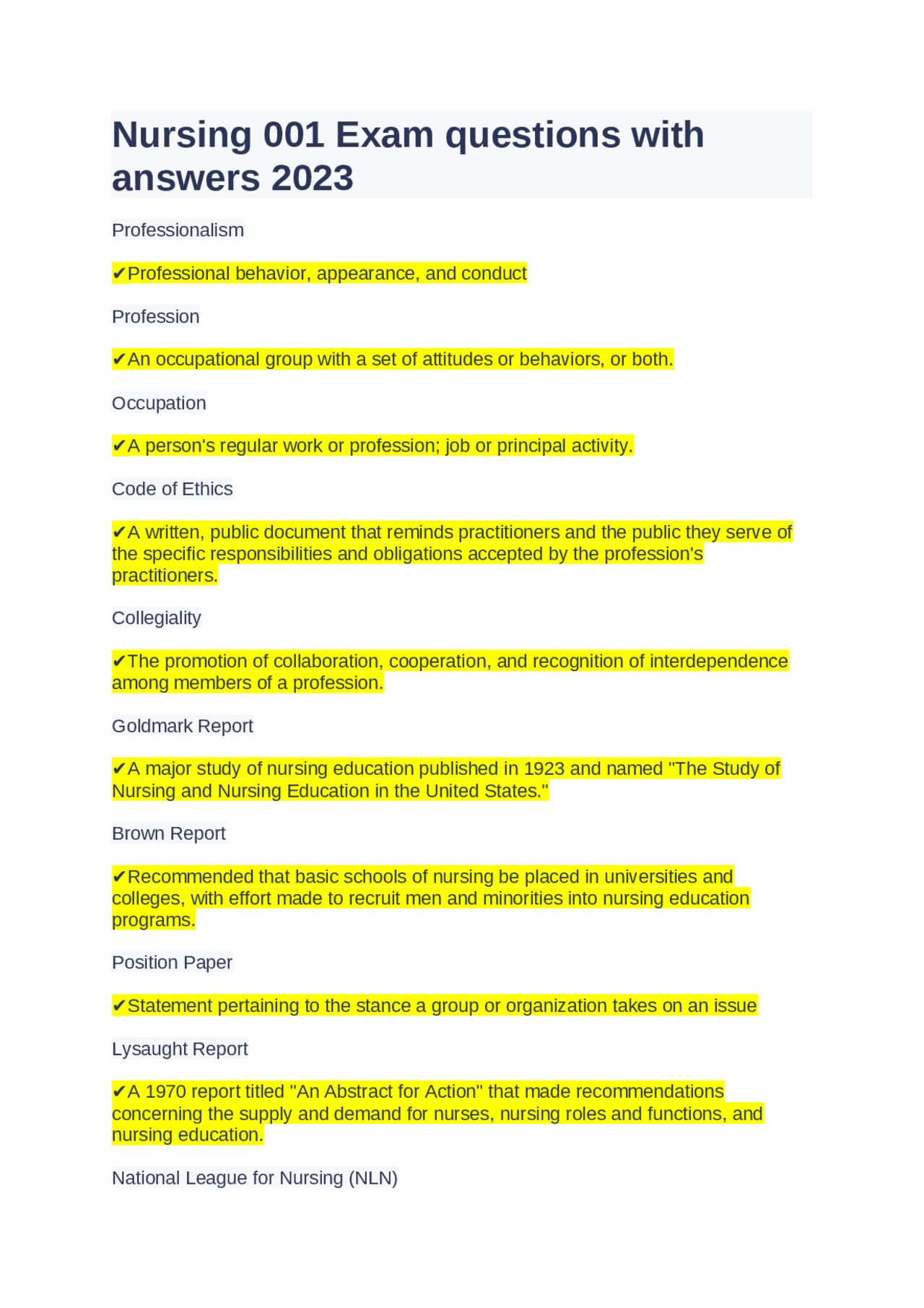 Nursing 001 Exam questions with answers 2023 | Exams Nursing | Docsity