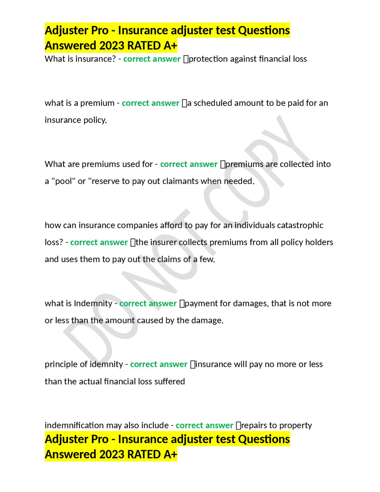 Adjuster Pro Insurance adjuster test Questions Answered 2023 RATED A+