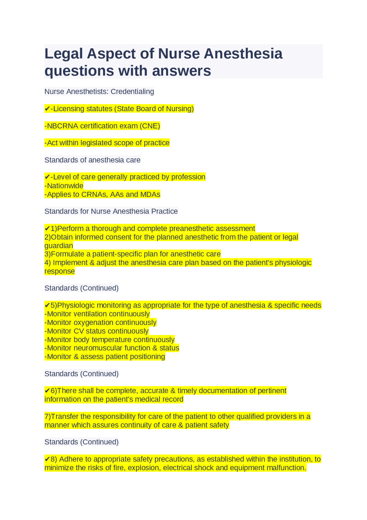 Legal Aspect of Nurse Anesthesia questions with answers Exams Nursing