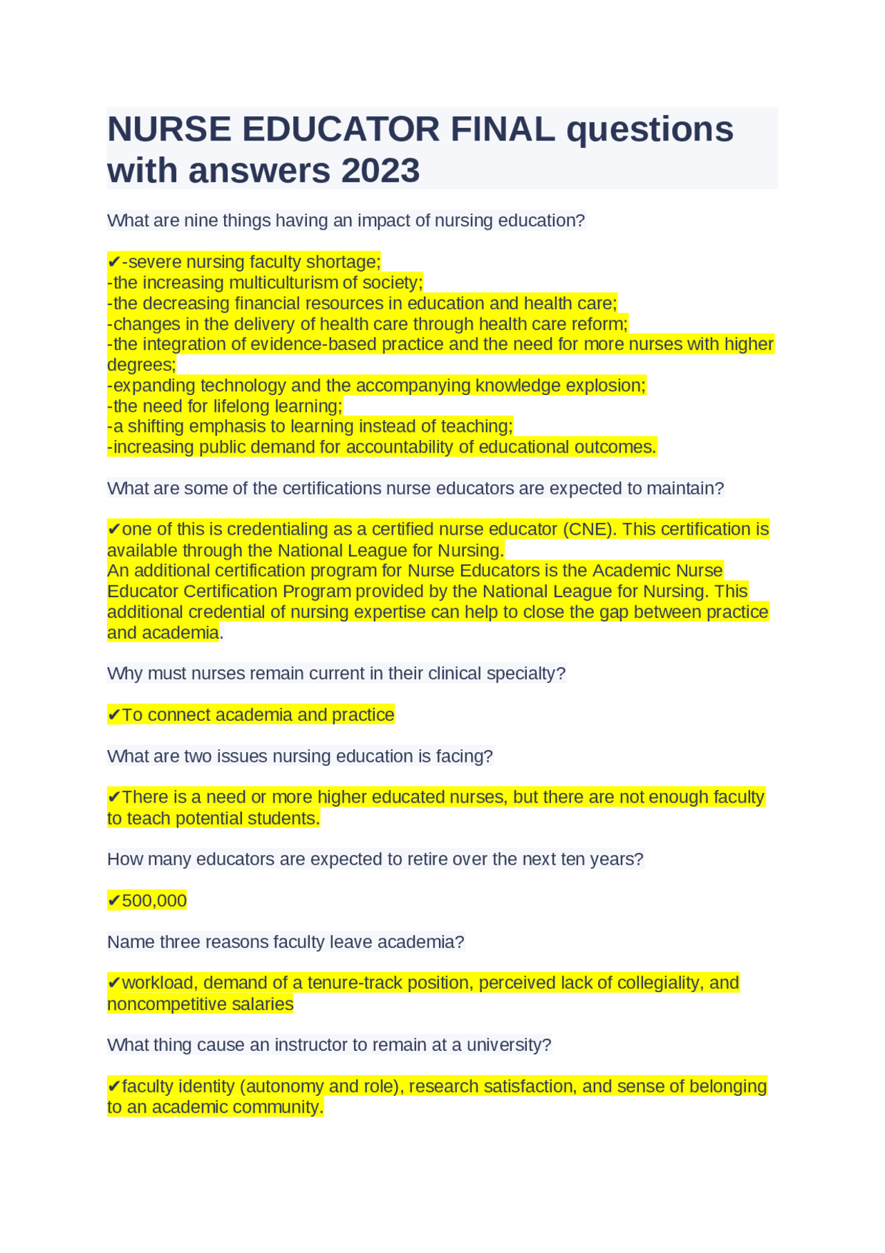 NURSE EDUCATOR FINAL questions with answers 2023 | Exams Nursing | Docsity