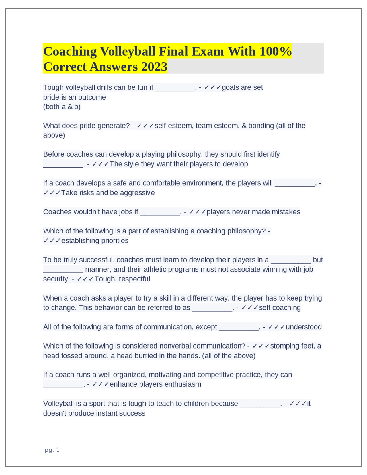 Coaching Volleyball Final Exam With 100 Correct Answers 2023 Exams