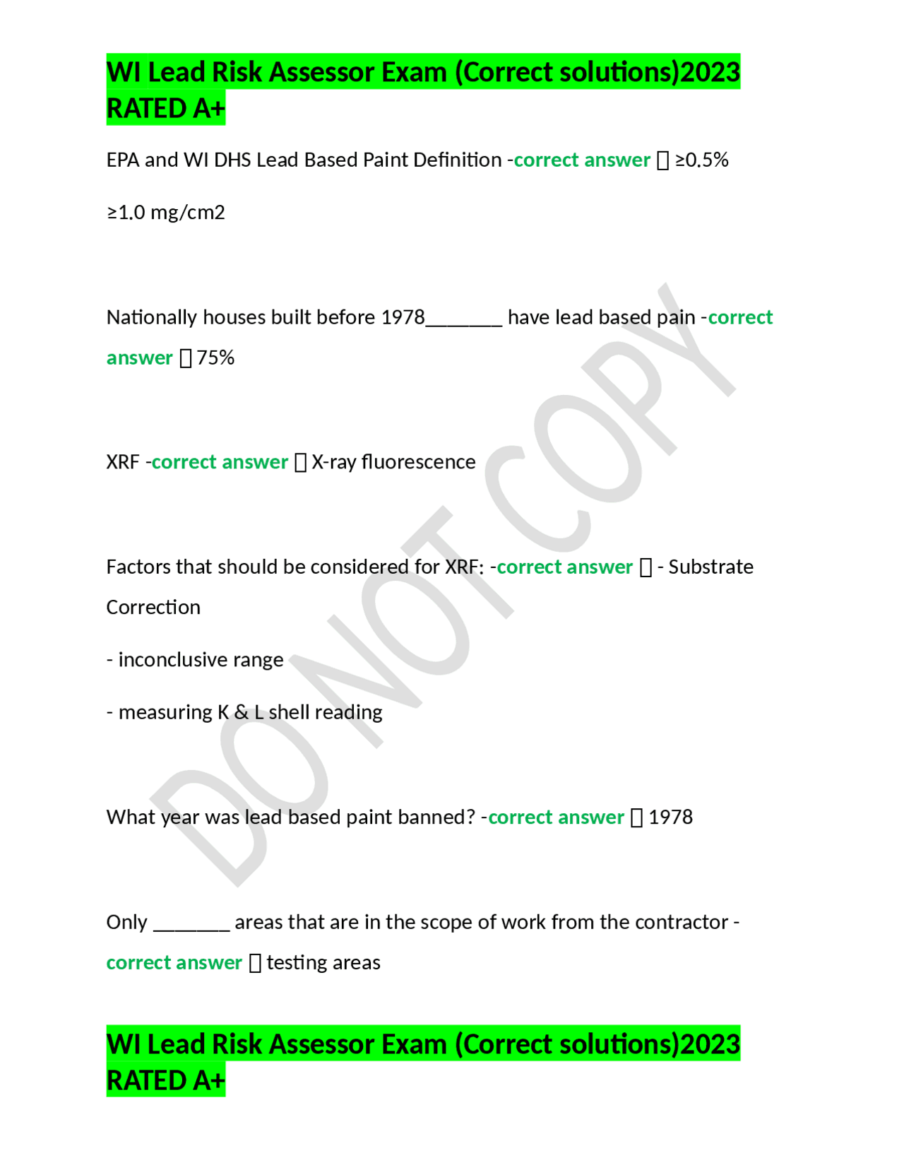 WI Lead Risk Assessor Exam (Correct solutions)2023 RATED A  Exams