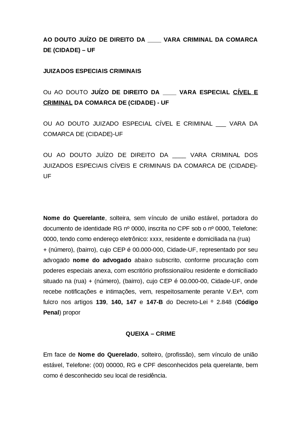Queixa Modelo de Petição (Queixa-crime) | Manuais, Projetos, Pesquisas Direito ...