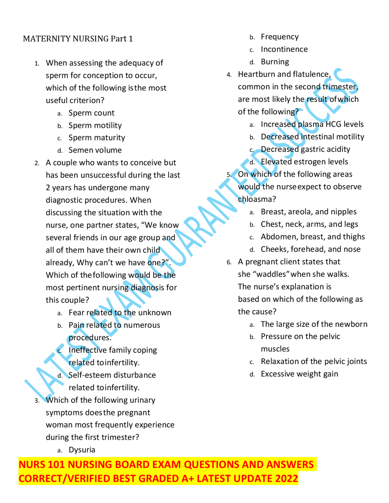 MATERNITY NURSING STUDY EXAMS SOLVED QUESTIONS A+ Exams Nursing Docsity