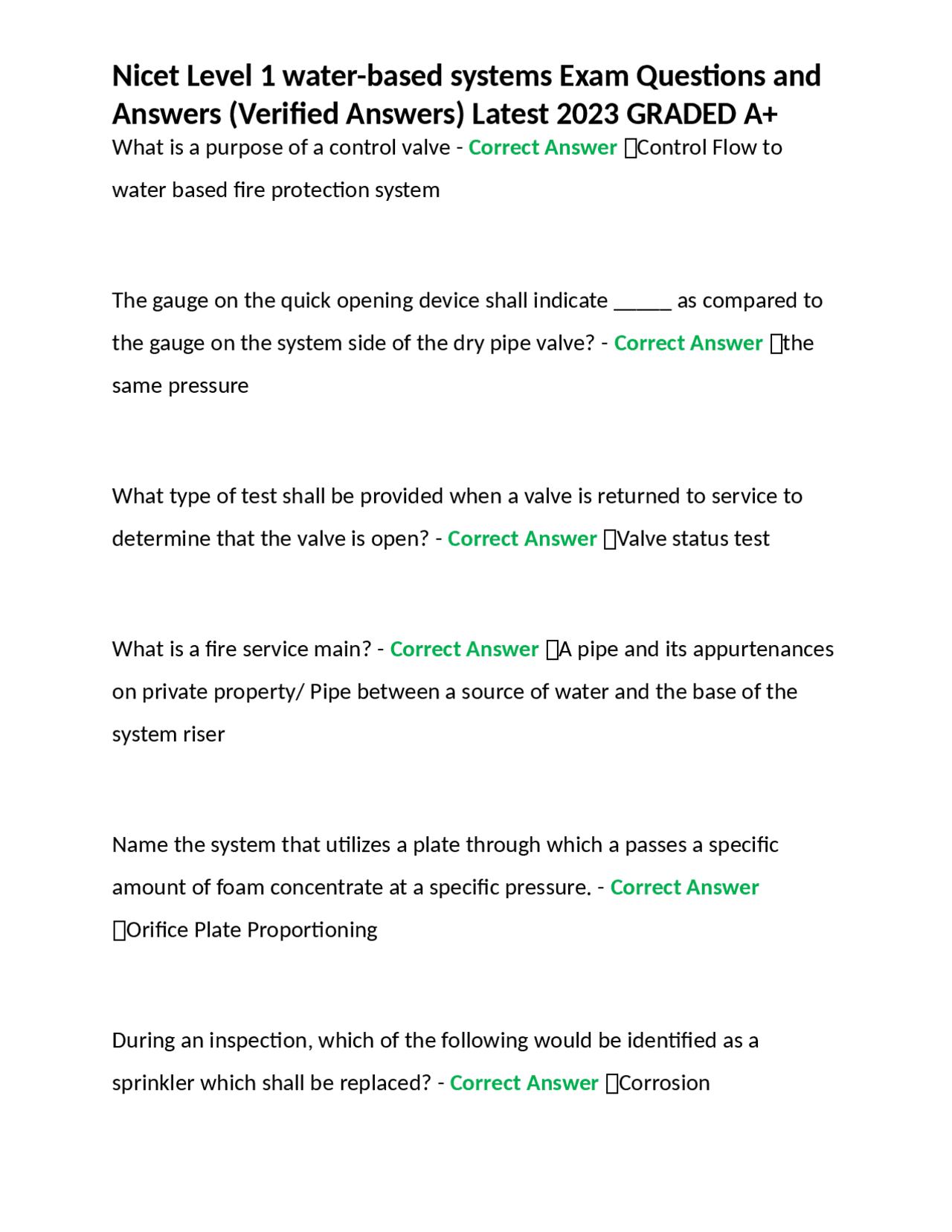Nicet Level 1 waterbased systems Exam Questions and Answers (Verified