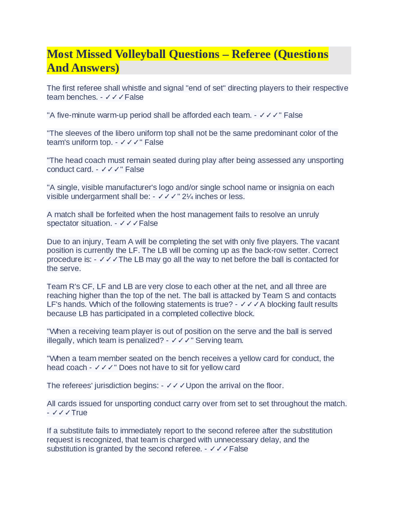 Most Missed Volleyball Questions Referee (Questions And Answers) Exams Physical Activity and