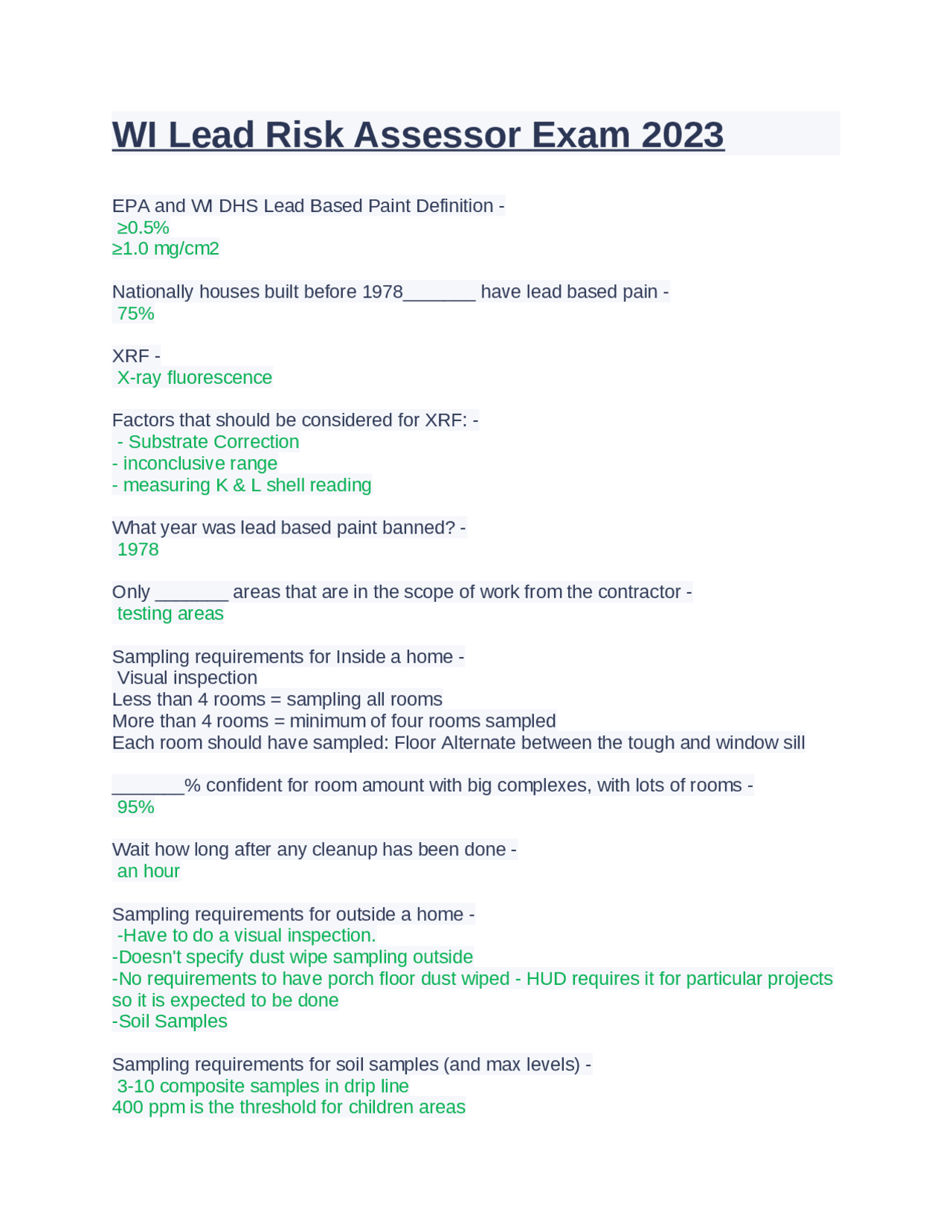 WI Lead Risk Assessor Exam 2023 | Exams Environmental Science | Docsity