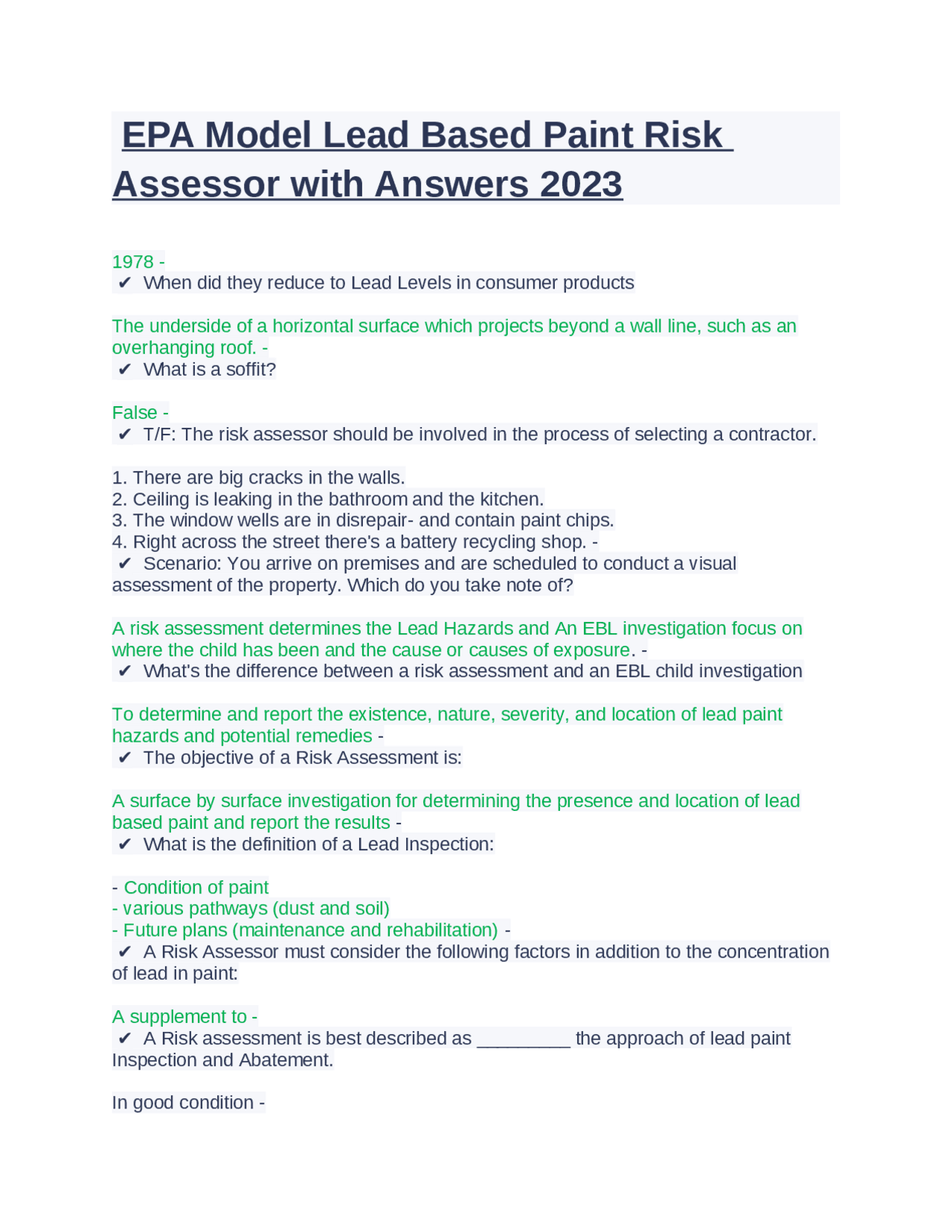 EPA Model Lead Based Paint Risk Assessor with Answers 2023 Exams