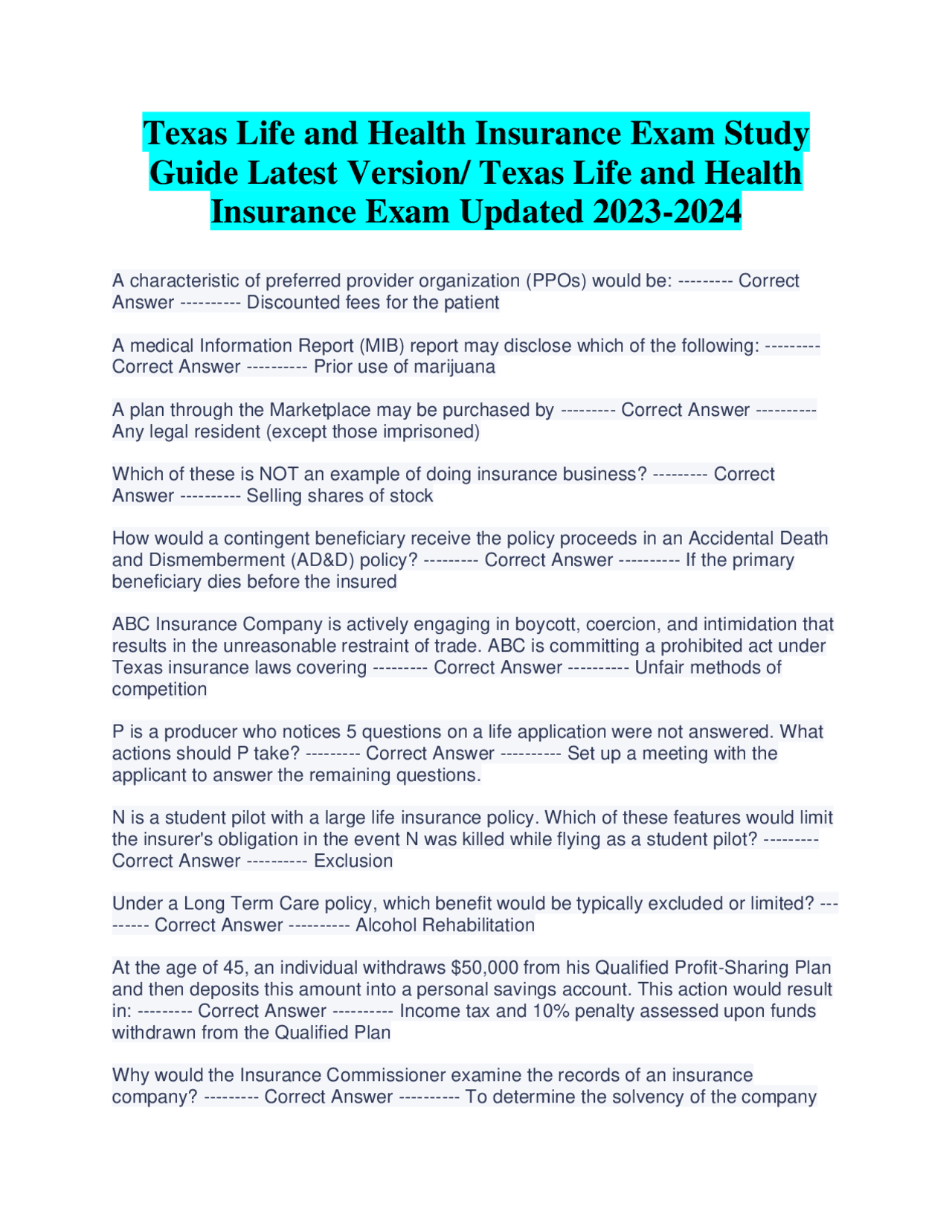 Texas Life and Health Insurance Exam Study Guide Latest Version/ Texas