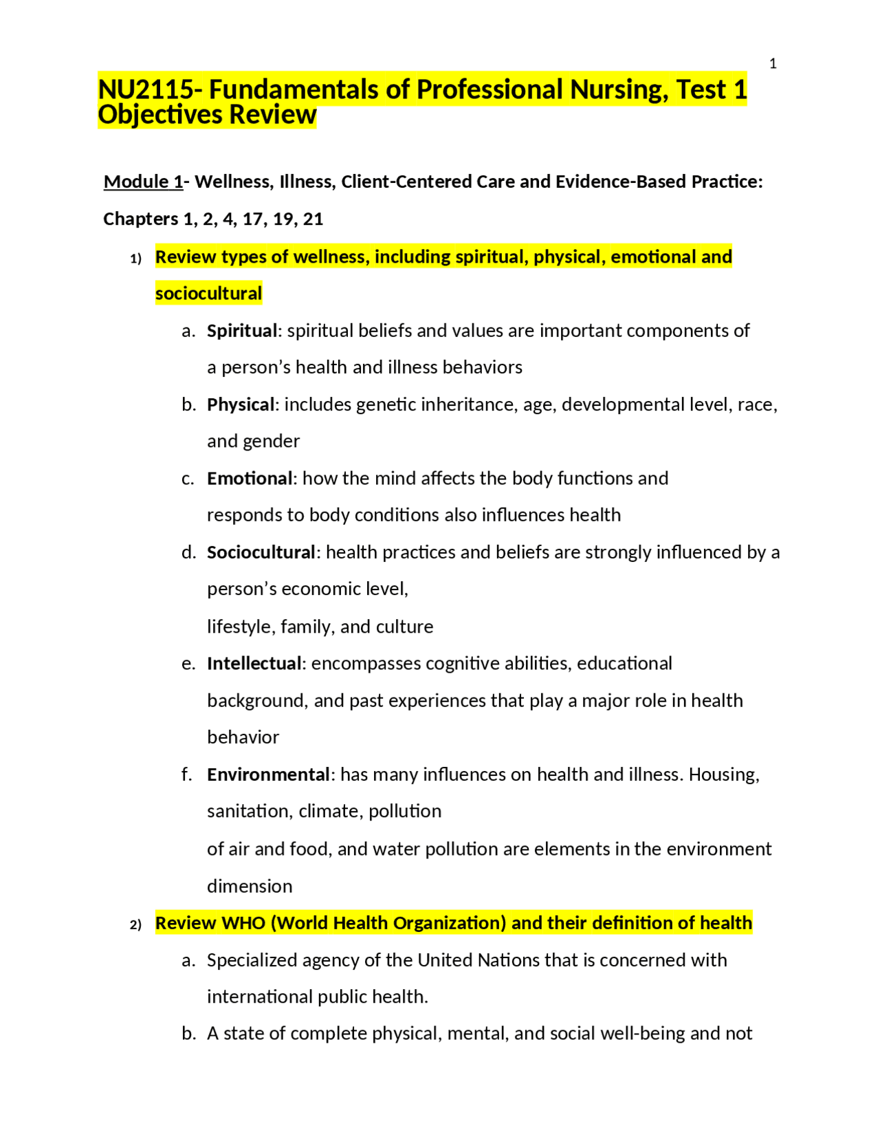 NU2115 Fundamentals of Professional Nursing, Test 1 Objectives Review