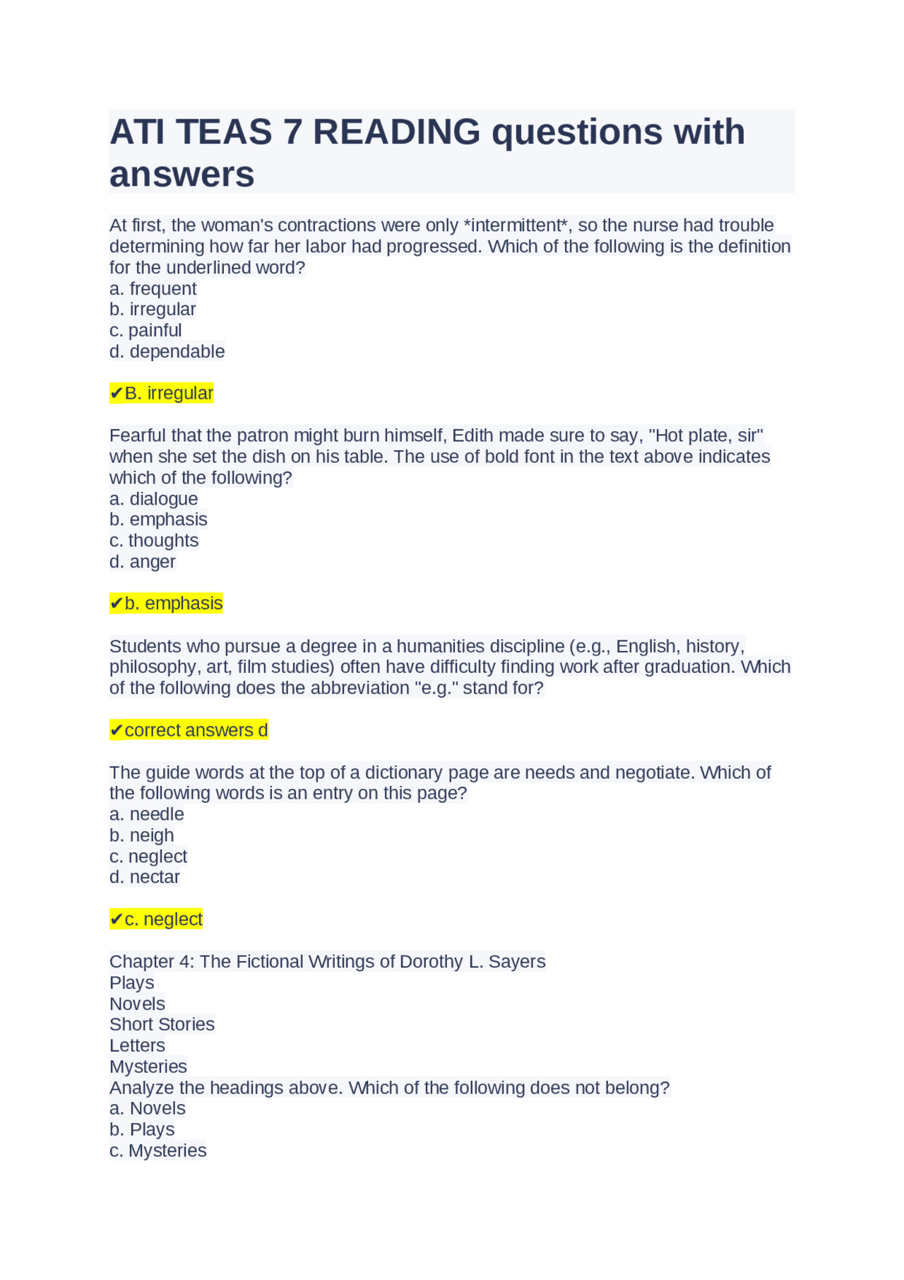 ATI TEAS 7 READING questions with answers | Exams Nursing | Docsity