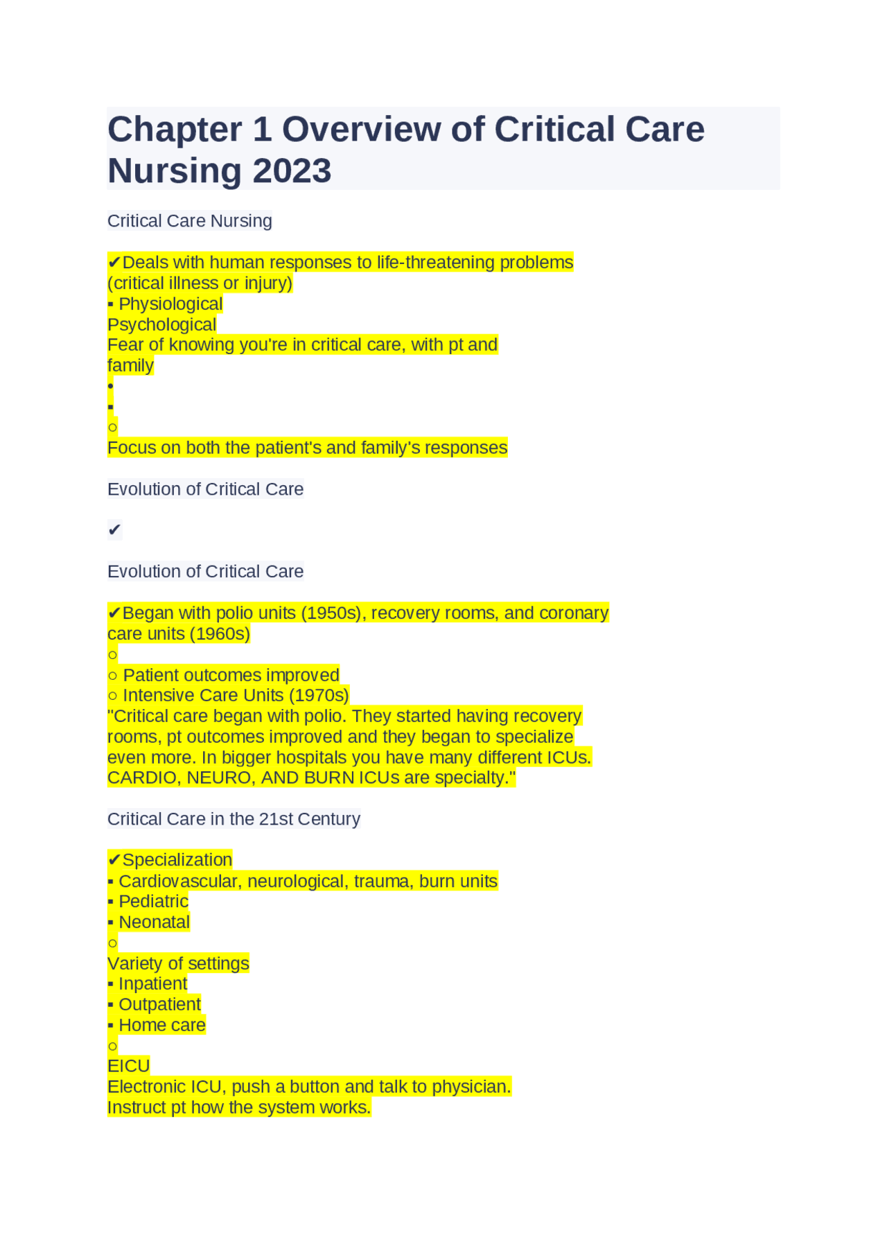 Chapter 1 Overview of Critical Care Nursing 2023 | Exams Nursing | Docsity