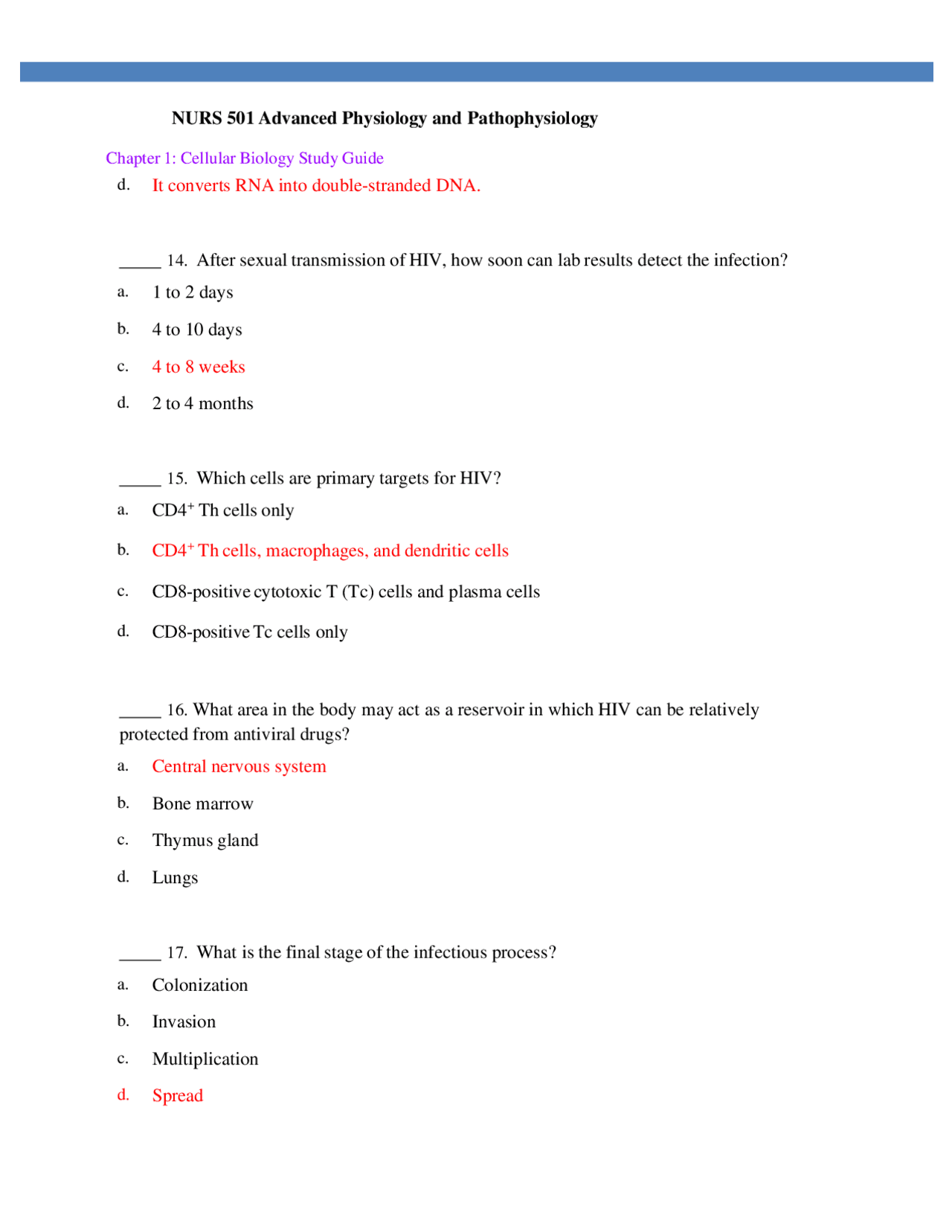 NURS 501 Advanced Physiology and Pathophysiology | Exams Nursing | Docsity