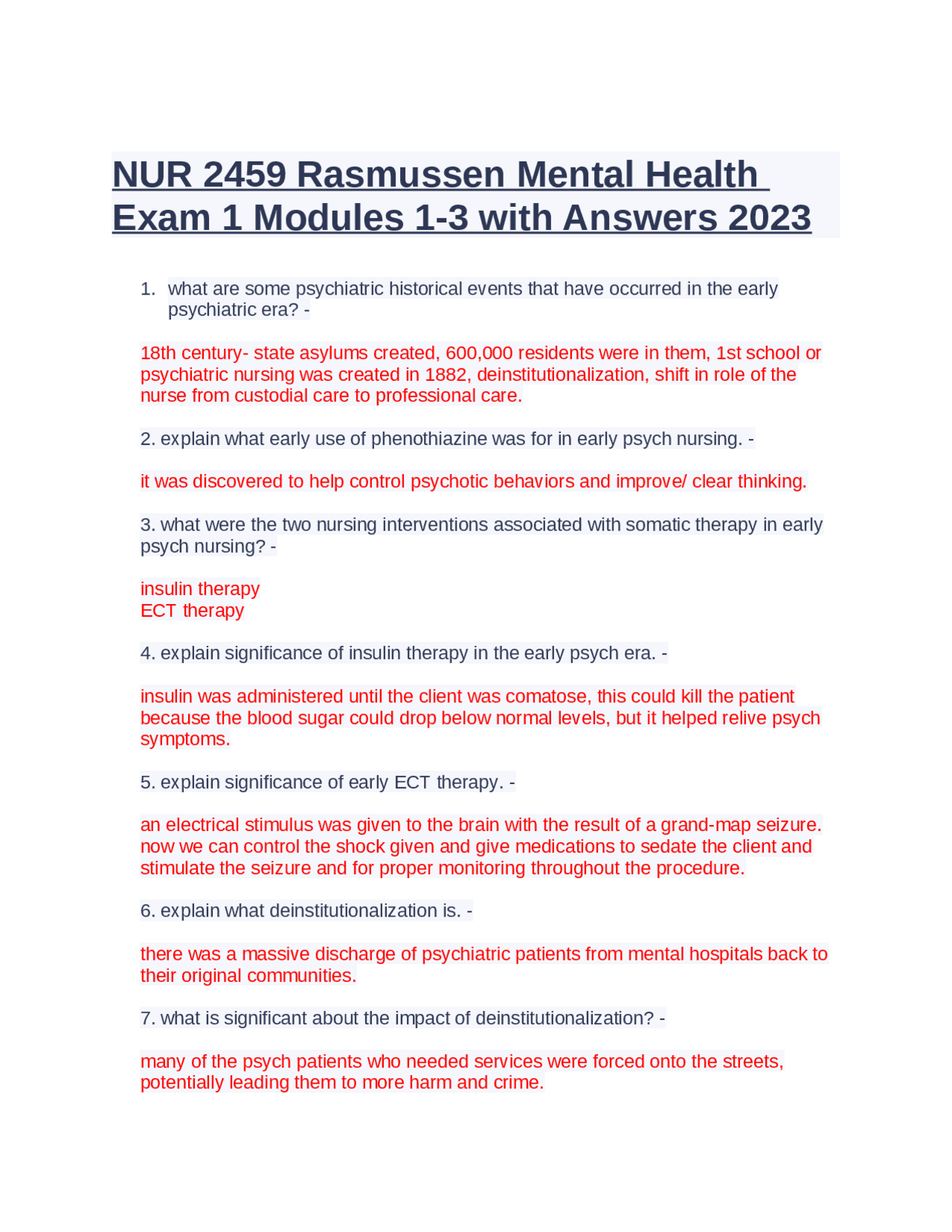 NUR 2459 Rasmussen Mental Health Exam 1 Modules 1-3 with Answers 2023 ...