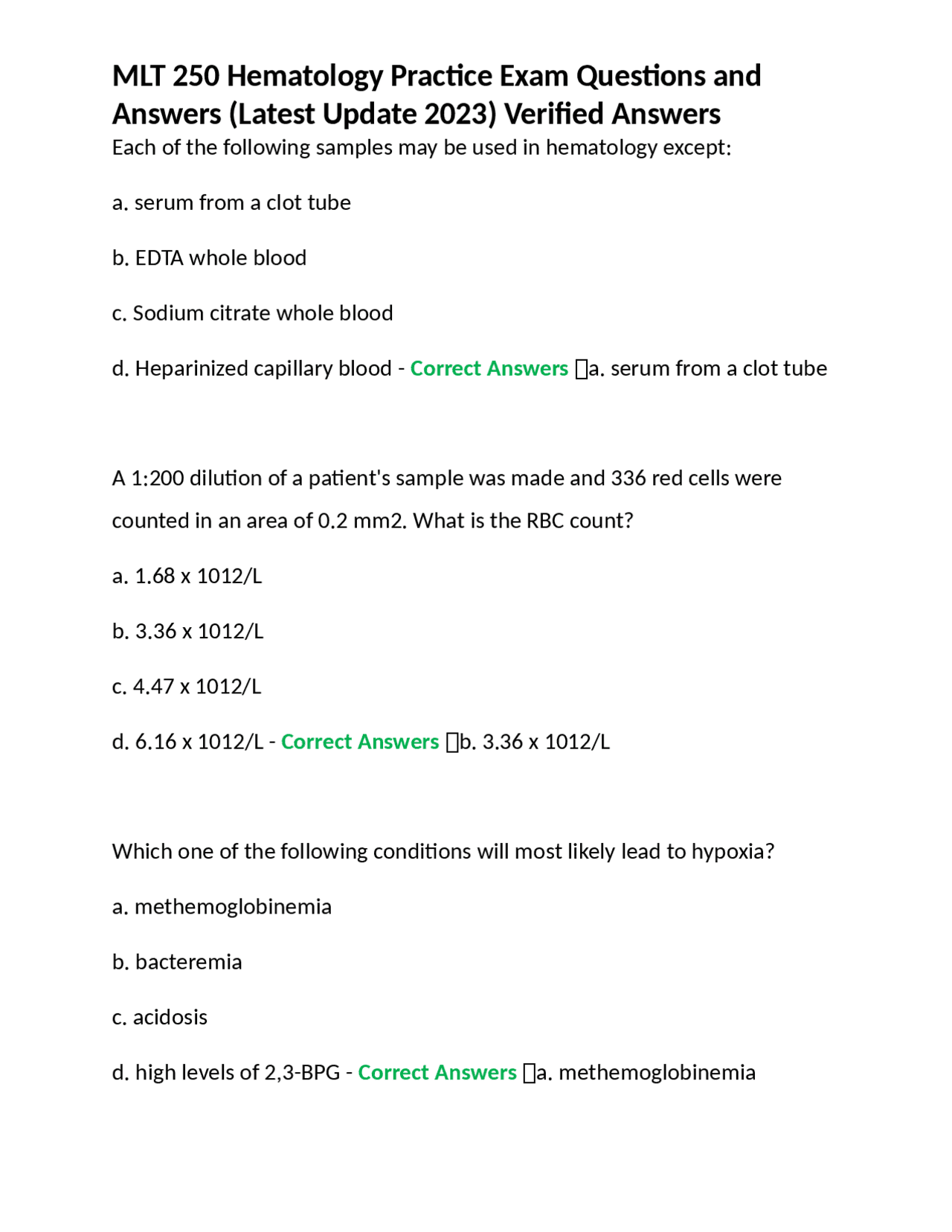 Mlt Comprehensive Exam Question Examples MLT 250 Hematology Practice Exam Questions and Answers (Latest Update ...