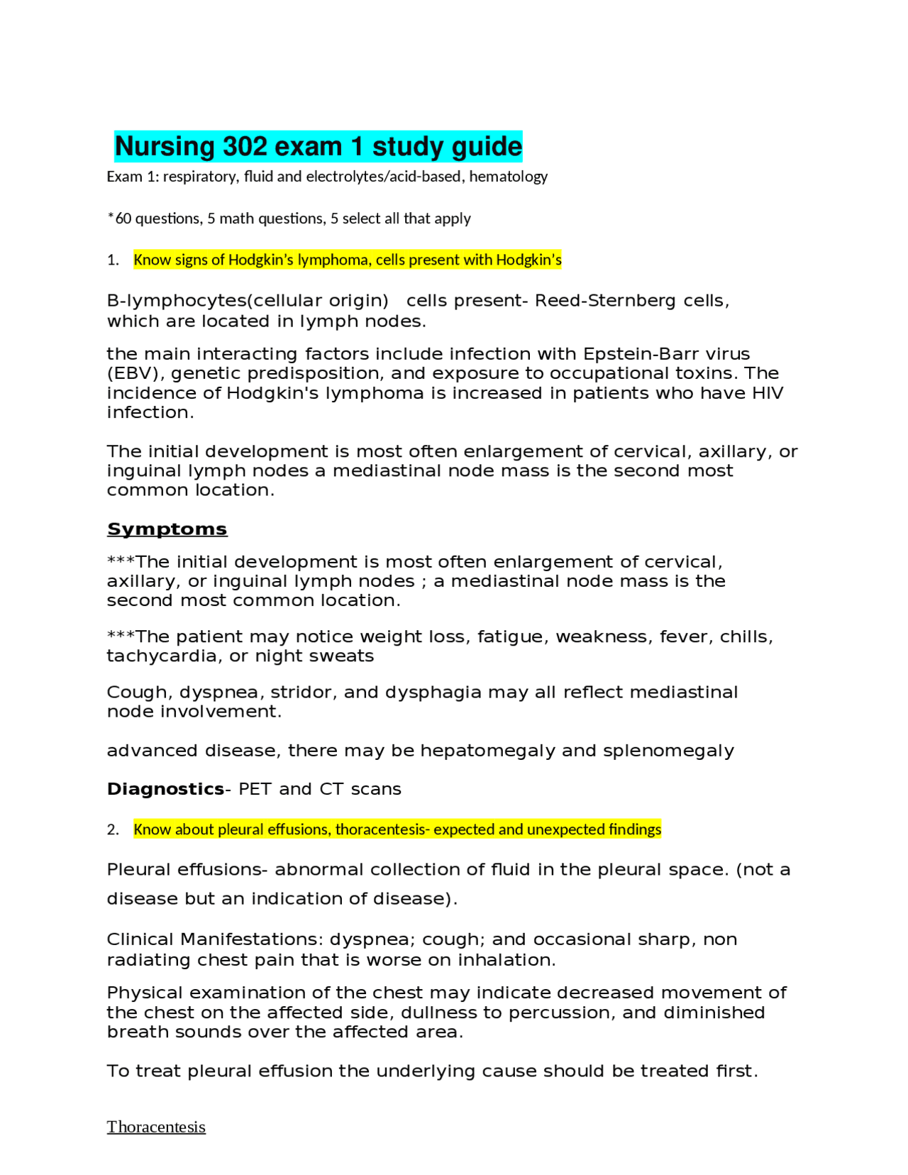 Nursing 302 exam 1 study guide | Exams Nursing | Docsity