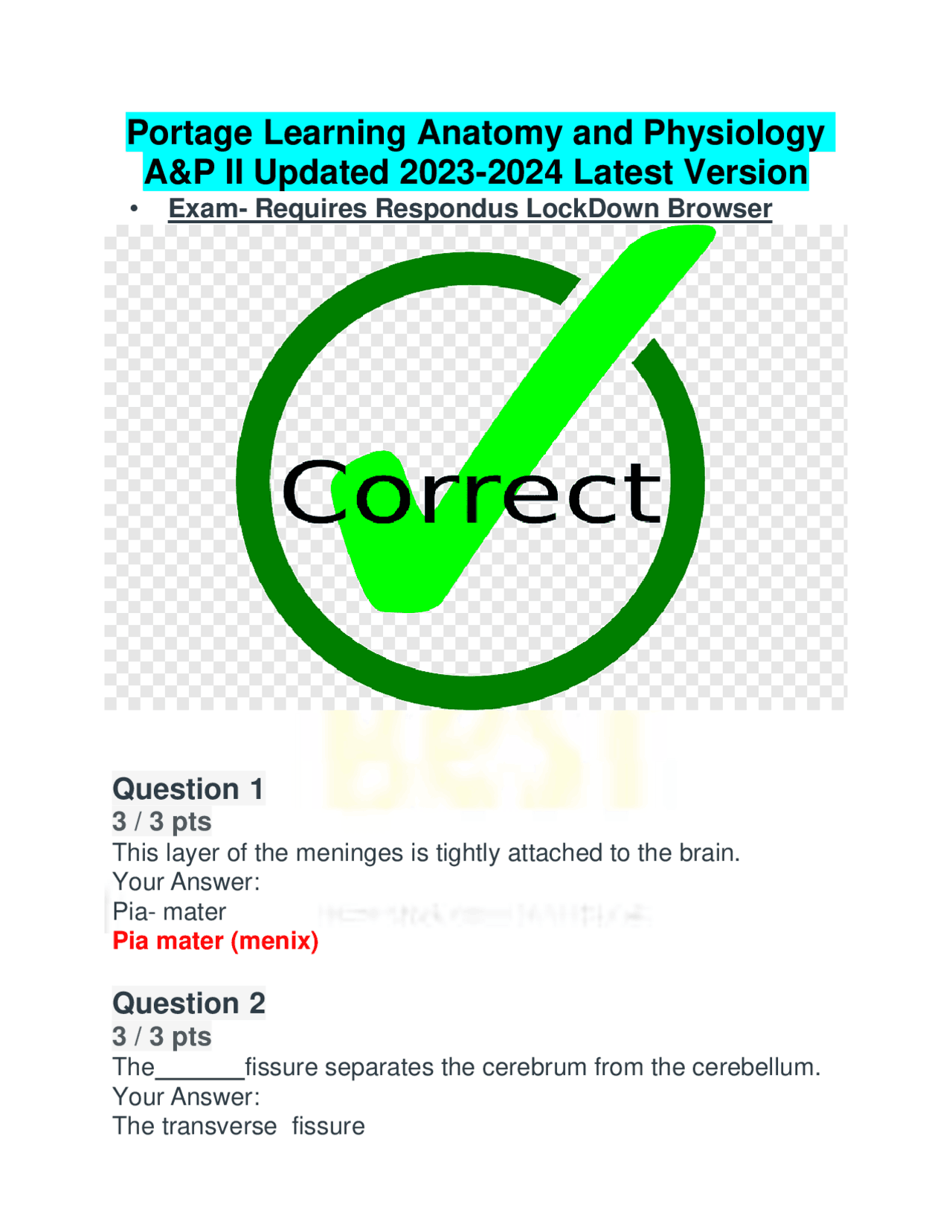 Portage Learning Anatomy and Physiology A&P II Updated 20232024 Latest