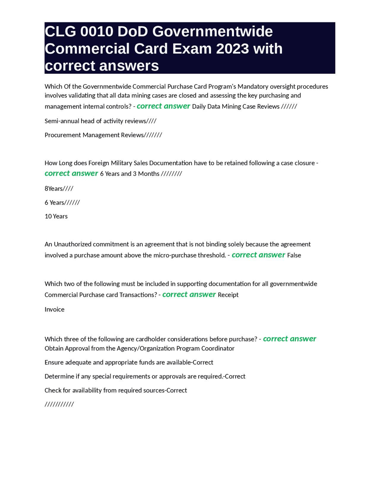 CLG 0010 DoD Governmentwide Commercial Card Exam 2023 with correct ...