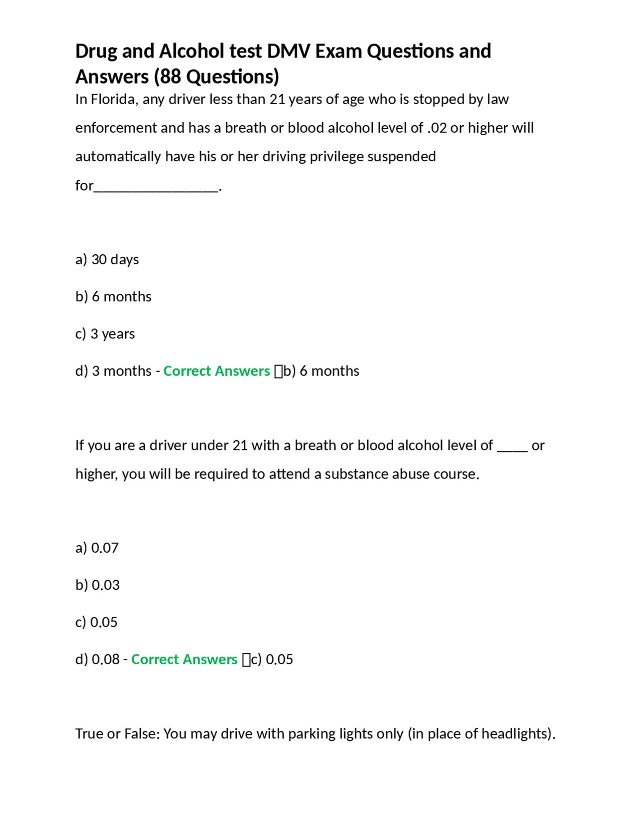 Drug and Alcohol test DMV Exam Questions and Answers (88 Questions ...
