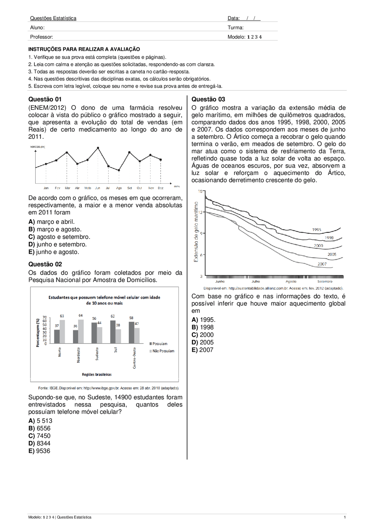 Questões de estatística ENEM 2023 | Exercícios Matemática | Docsity