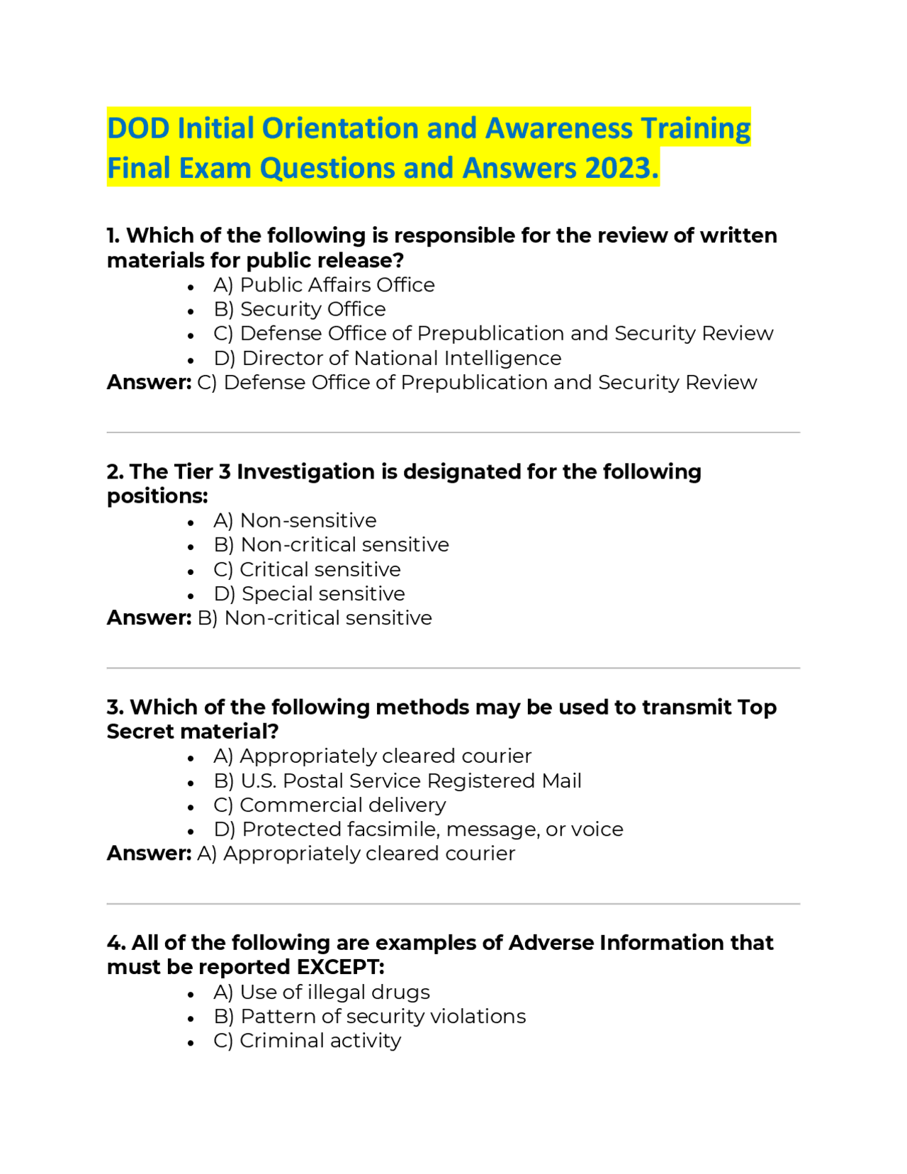 DOD Initial Orientation and Awareness Training Final Exam Questions and