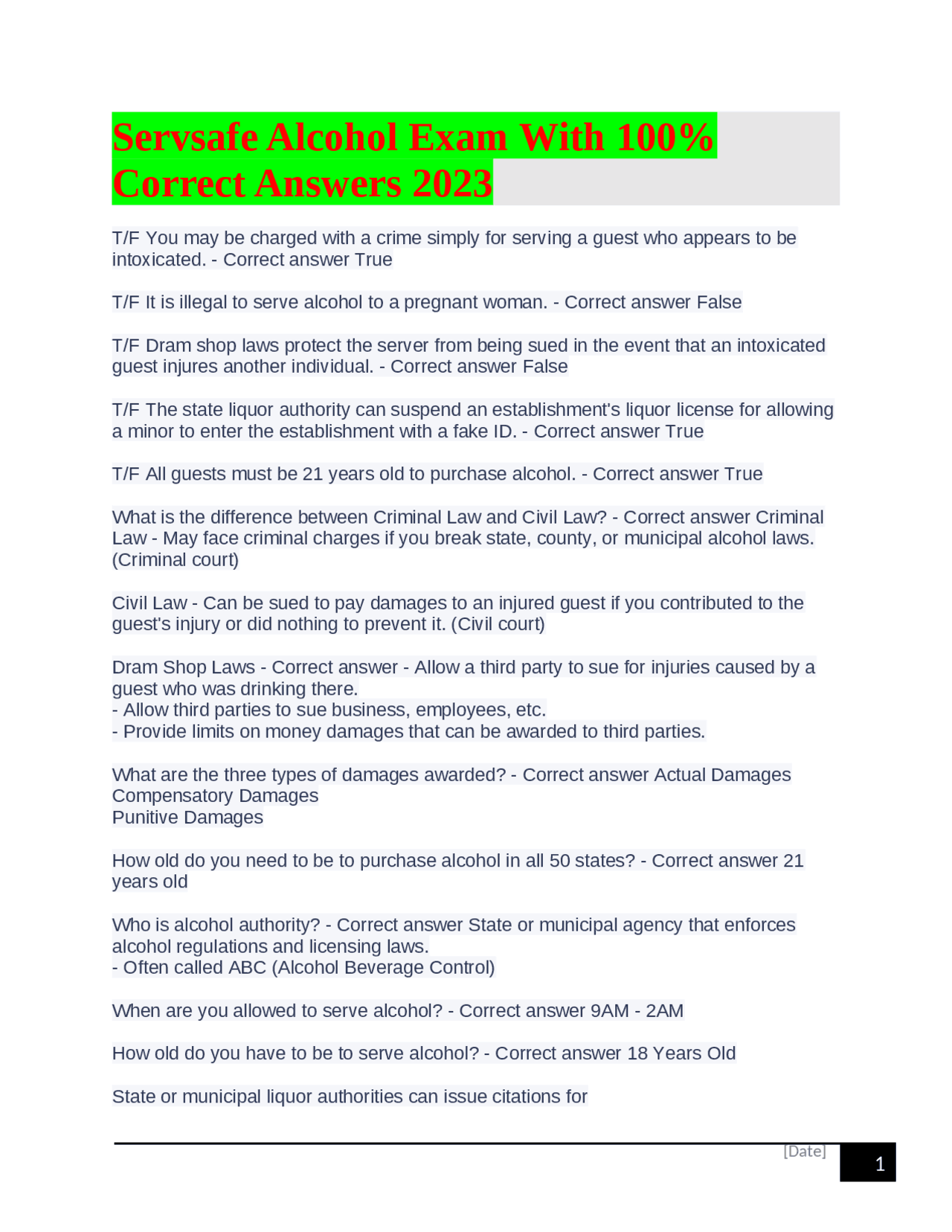 servsafe bartender test