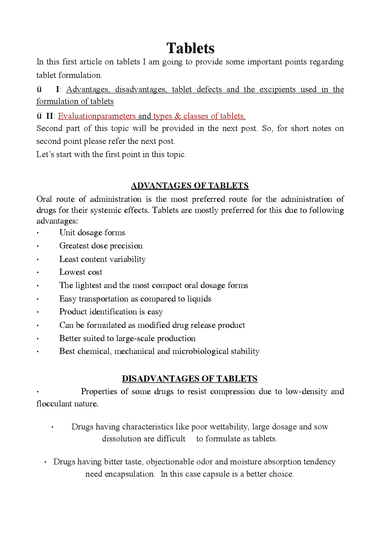Tablets short notes of pharmaceutics | Study notes Pharmacy | Docsity