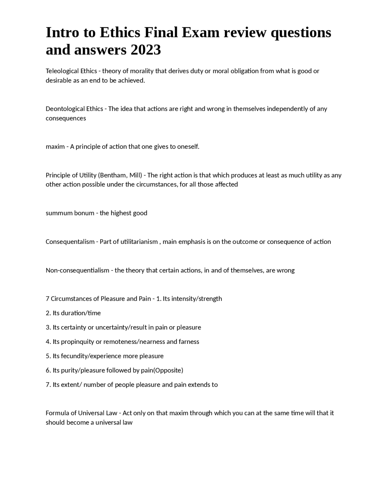 Intro to Ethics Final Exam review questions and answers 2023 | Exams ...