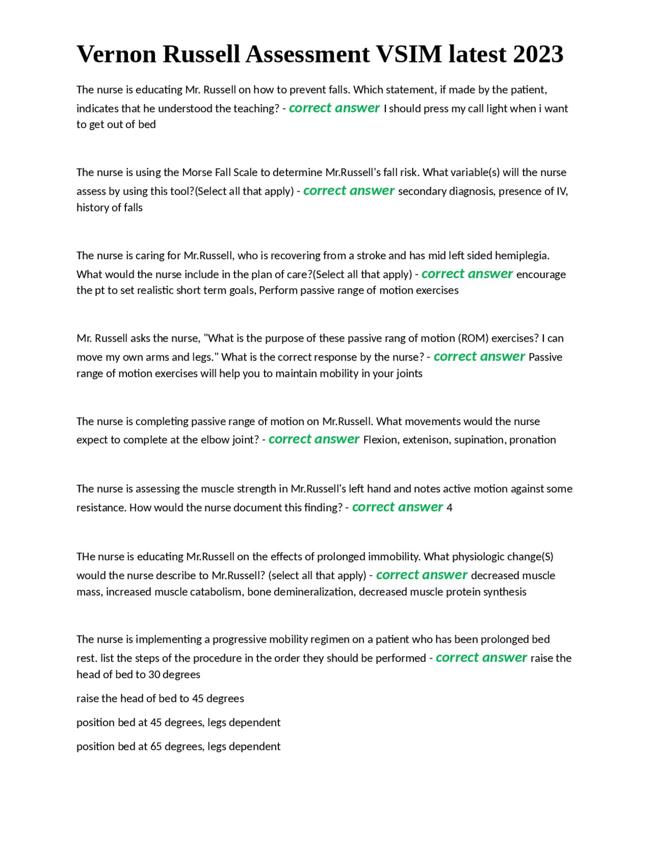 Vernon Russell Assessment VSIM latest 2023 | Exercises Nursing | Docsity