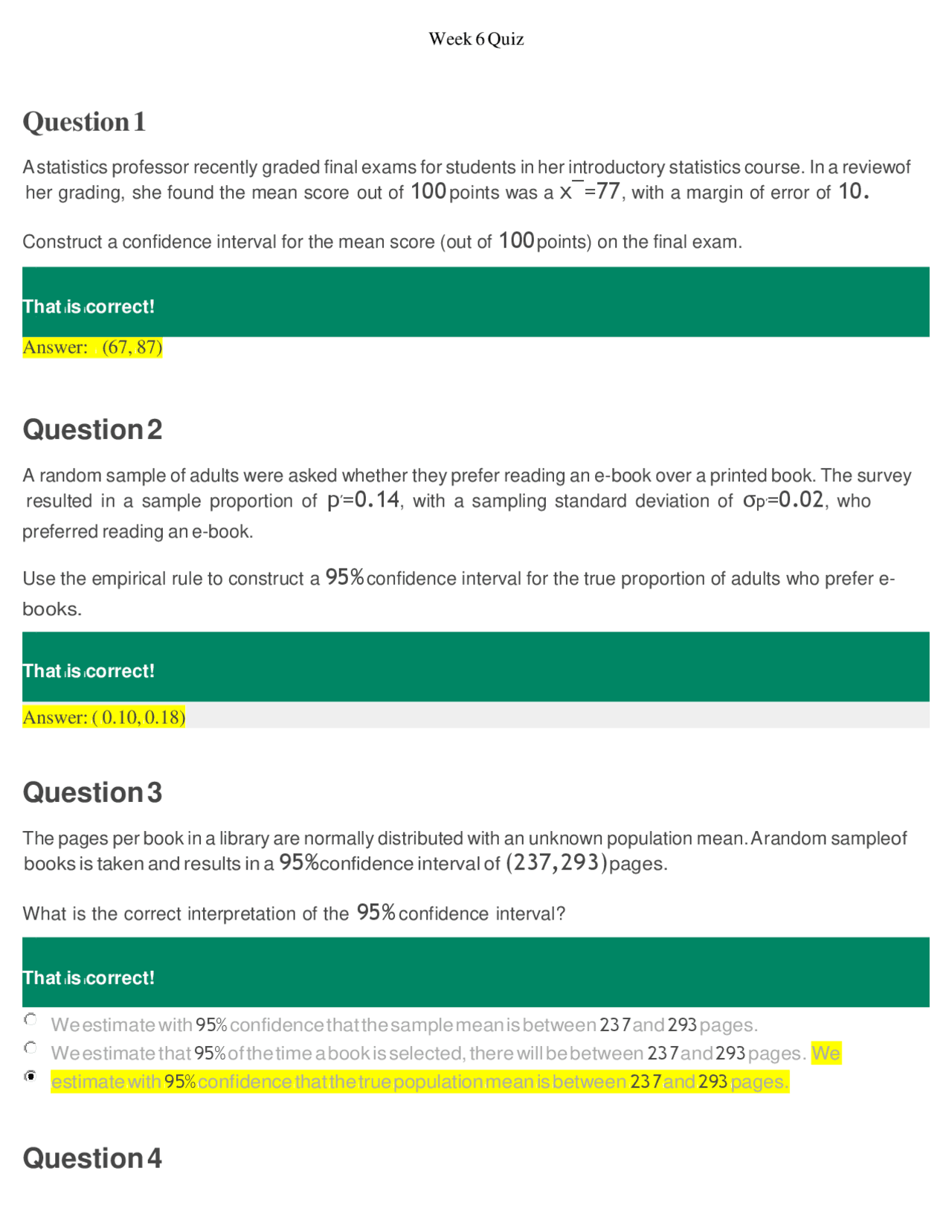 Week 6 Math 225n Statistics Quiz | Quizzes Mathematics | Docsity