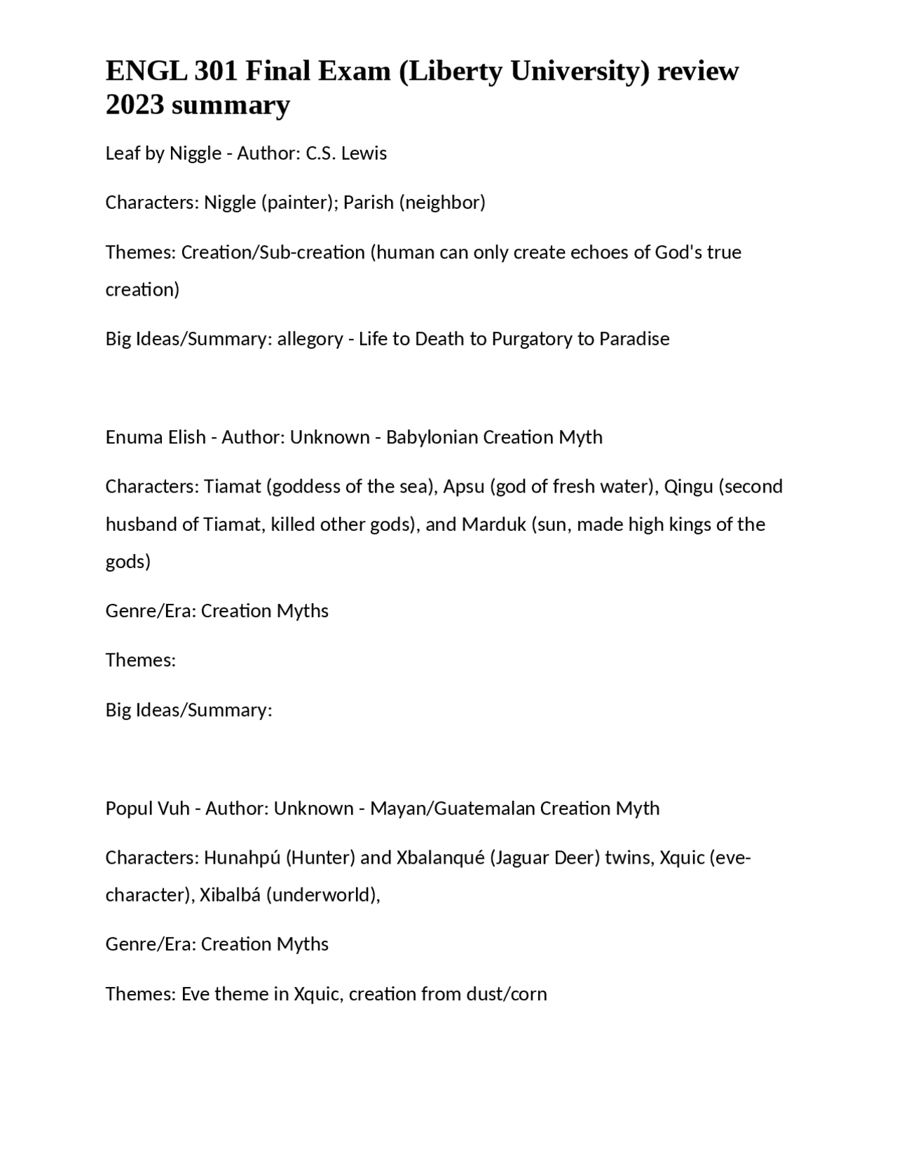 ENGL 301 Final Exam (Liberty University) review 2023 summary Exams Nursing Docsity