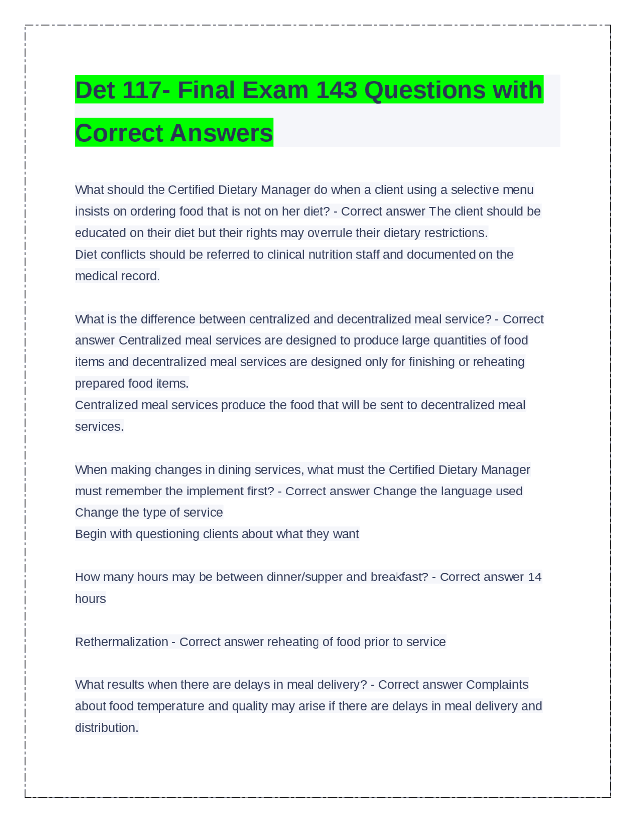 Det 117- Final Exam 143 Questions with Correct Answers | Exams ...