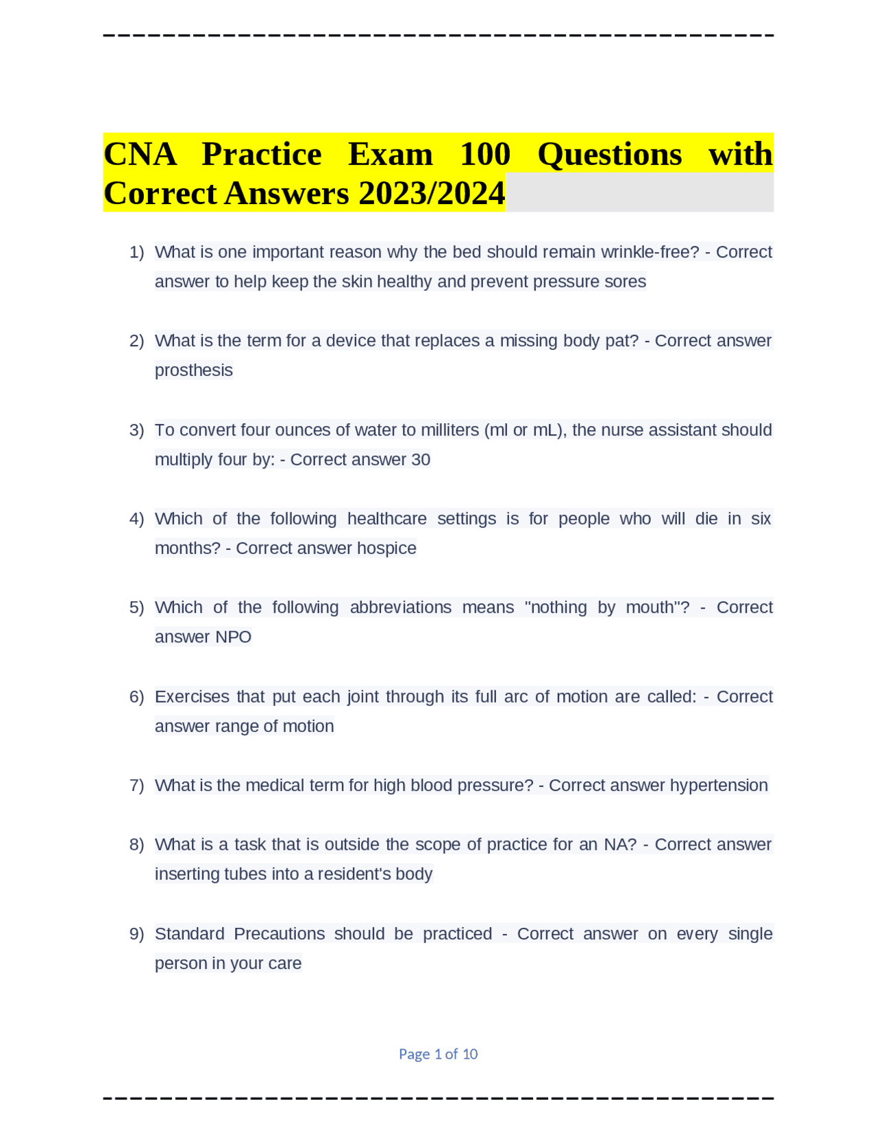 CNA Practice Exam 100 Questions with Correct Answers 2023/2024 Exams CNA Practice Exam 100 Questions with Correct Answers 2023/2024 Exams