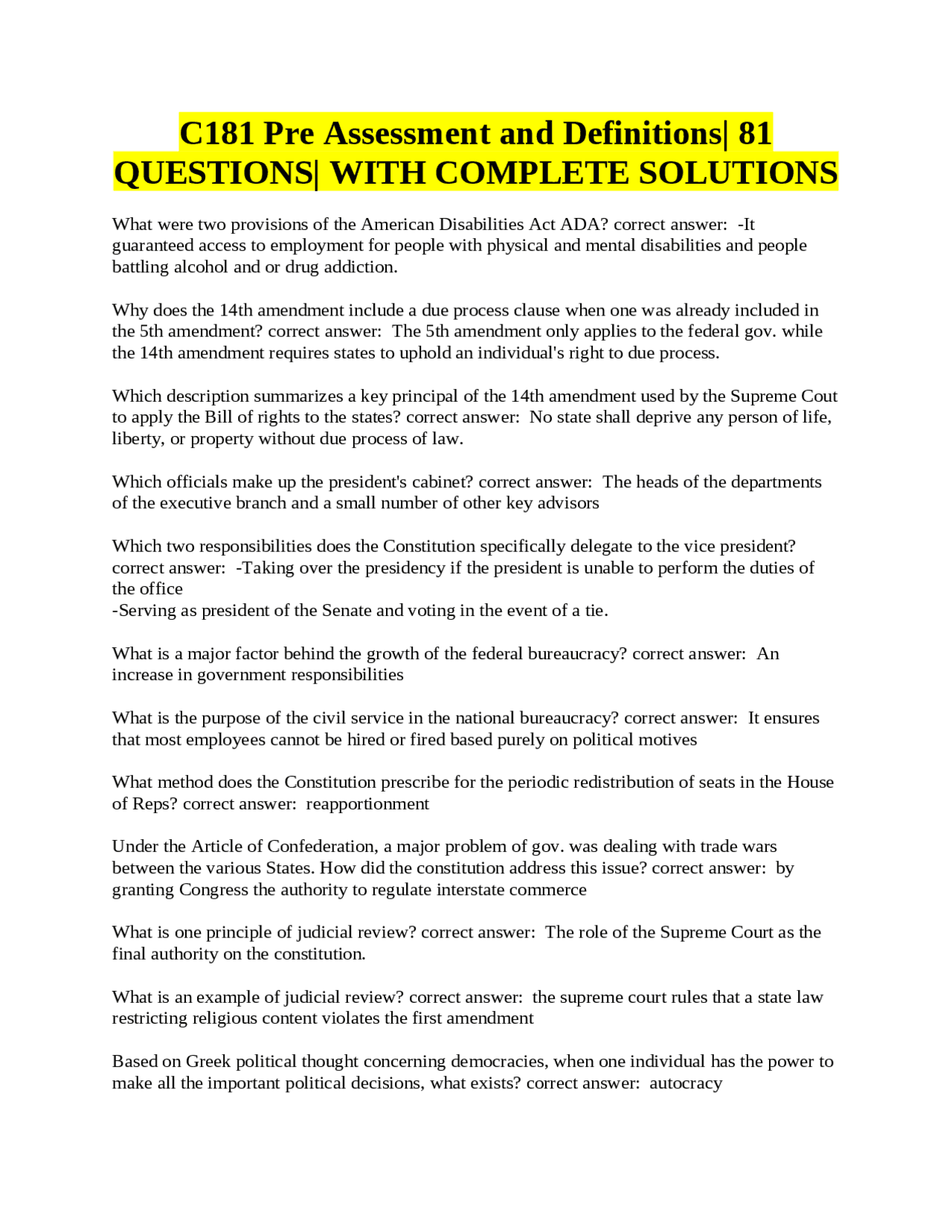 C181 Pre Assessment and Definitions 81 QUESTIONS and Answers | Exams ...