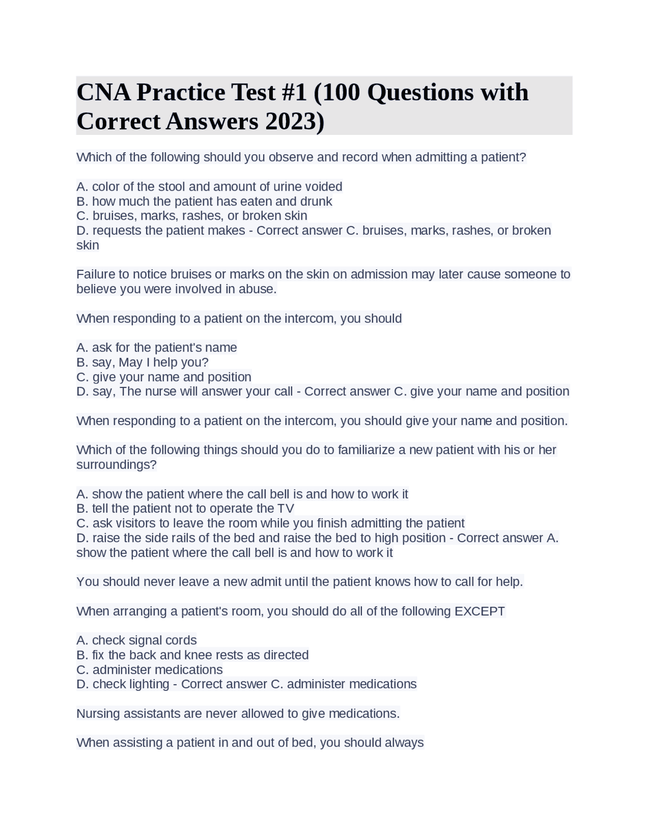 CNA Practice Test #1 (100 Questions with Correct Answers 2023) | Exams ...