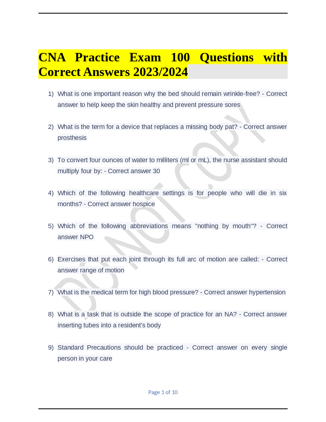 CNA Practice Exam 100 Questions with Correct Answers 2023/2024 | Exams ...