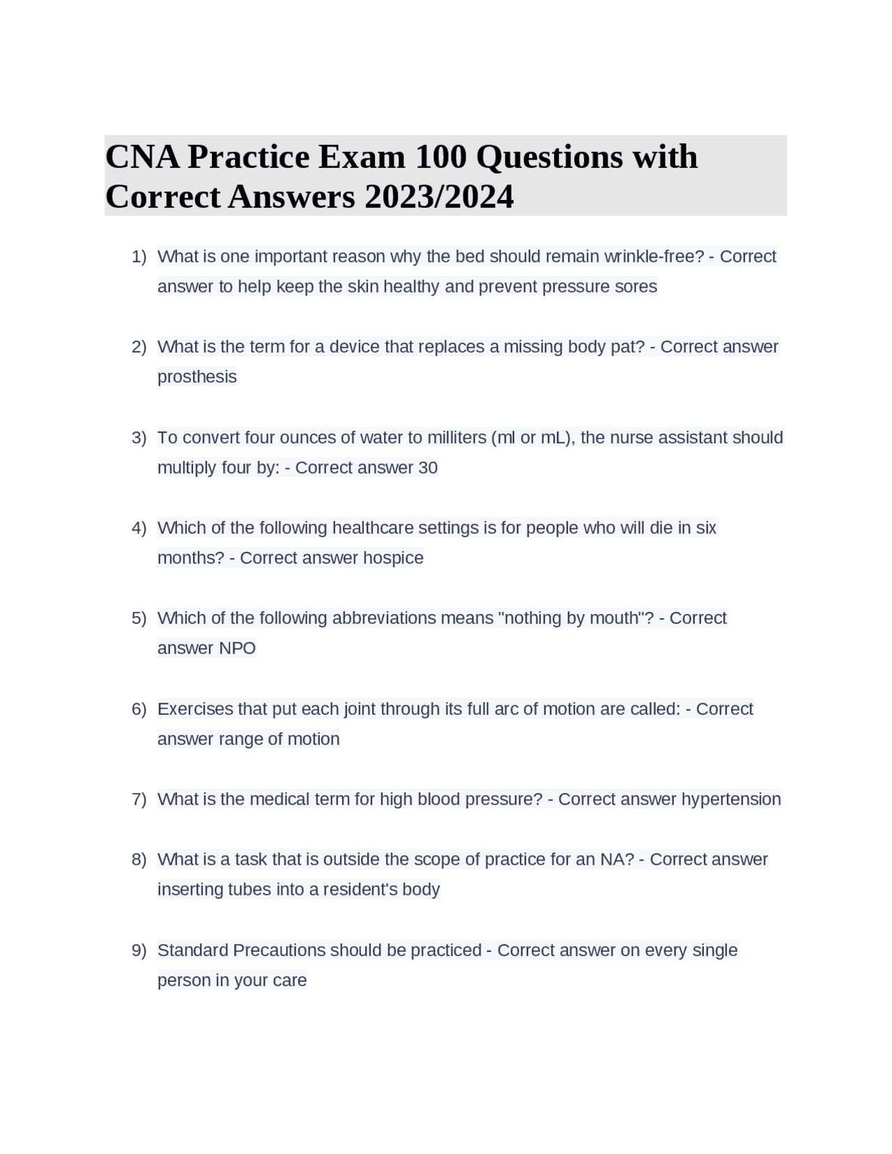 CNA Practice Exam 100 Questions with Correct Answers 2023/2024 | Exams ...