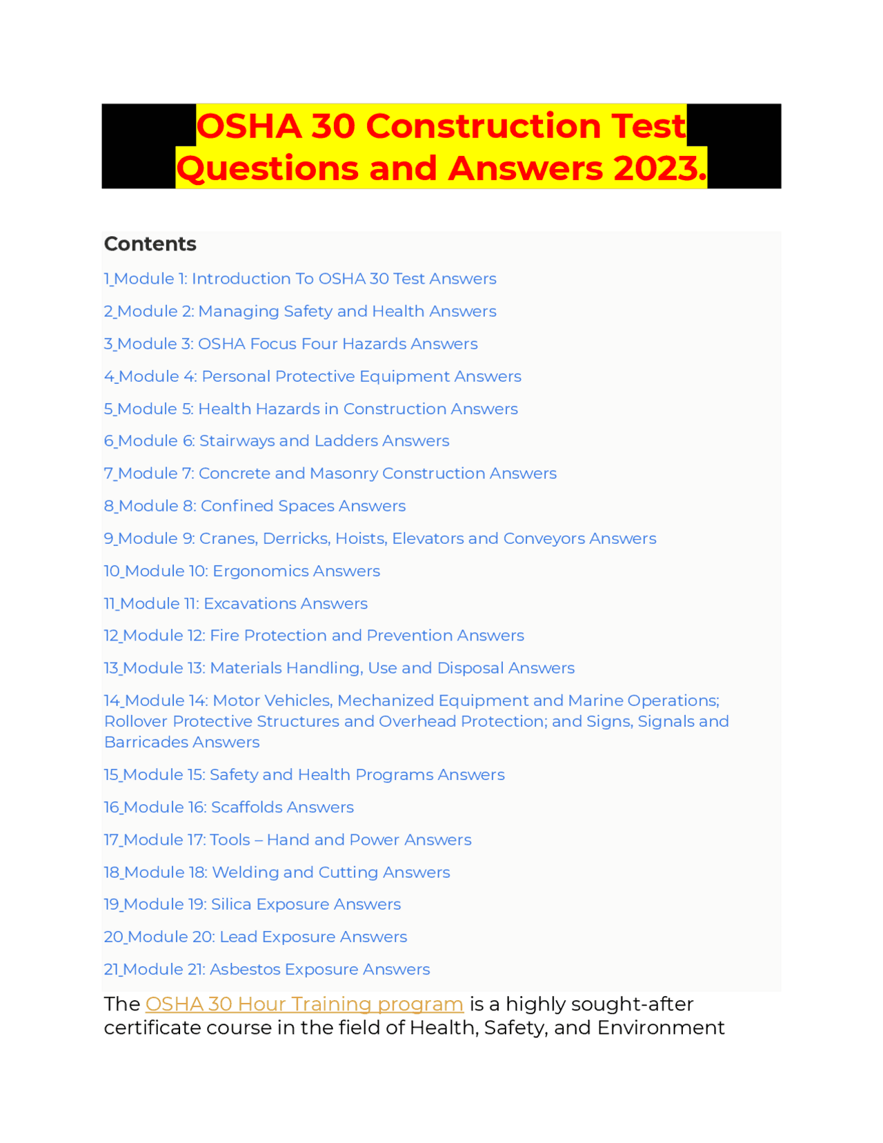 OSHA 30 Construction Test Questions and Answers 2023 | Exams Nursing ...