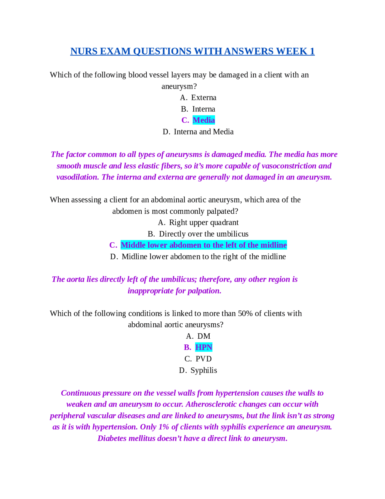 NURS EXAM QUESTIONS WITH ANSWERS WEEK 1 | Exams Nursing | Docsity