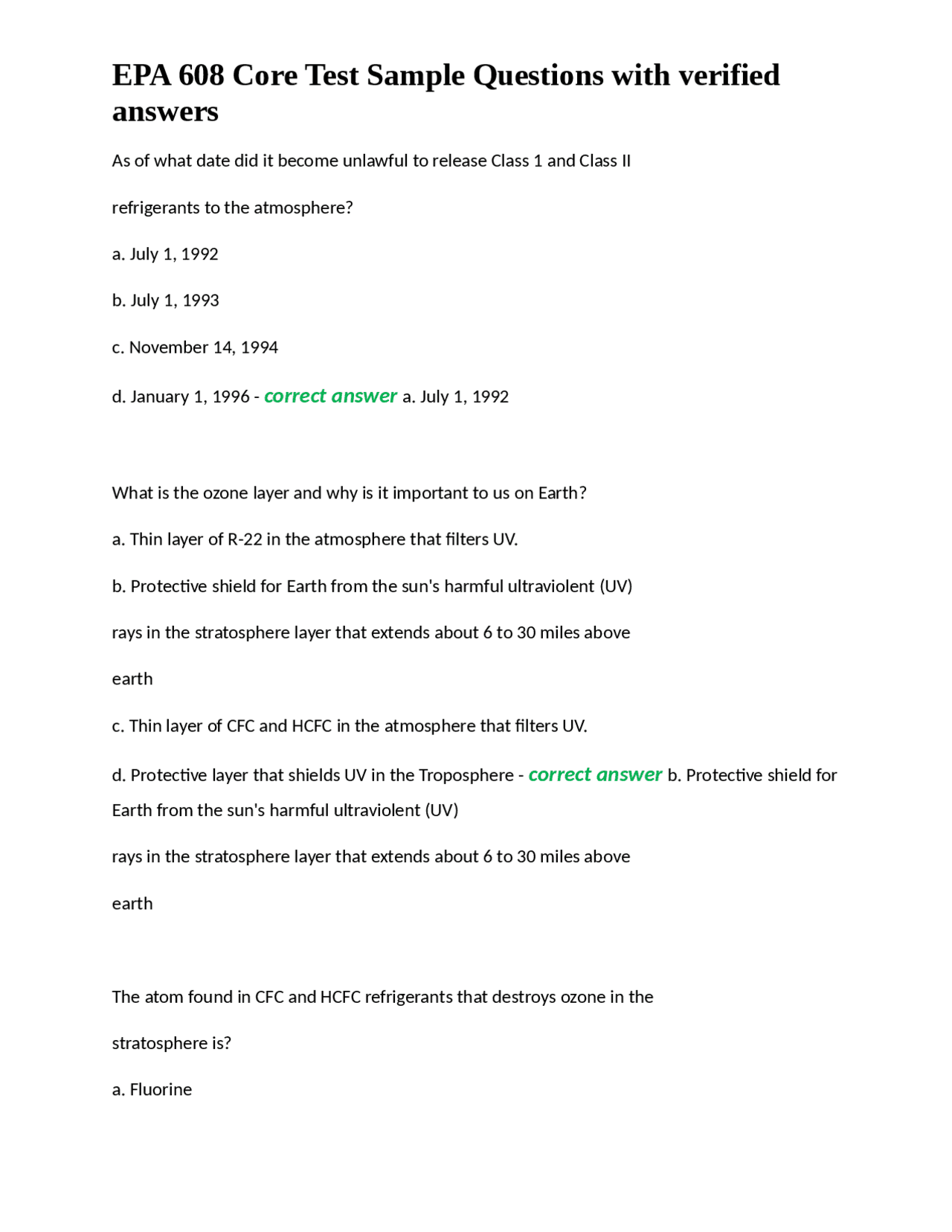 EPA 608 Core Test Sample Questions with verified answers | Exams ...